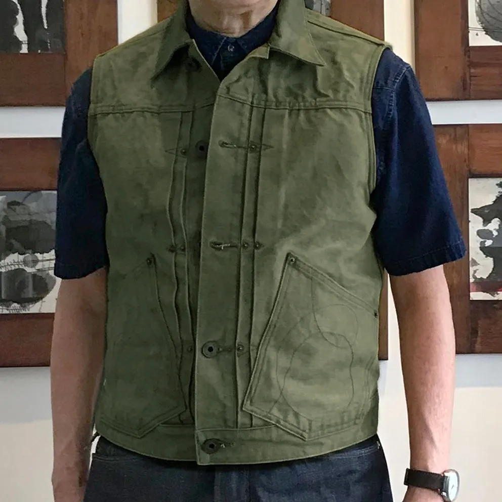 BZEN M.3127-THE CUT REGULAR FIT 2 POCKET BIKER'S VEST-12.5oz-CANVAS-E0 MOSS GREEN