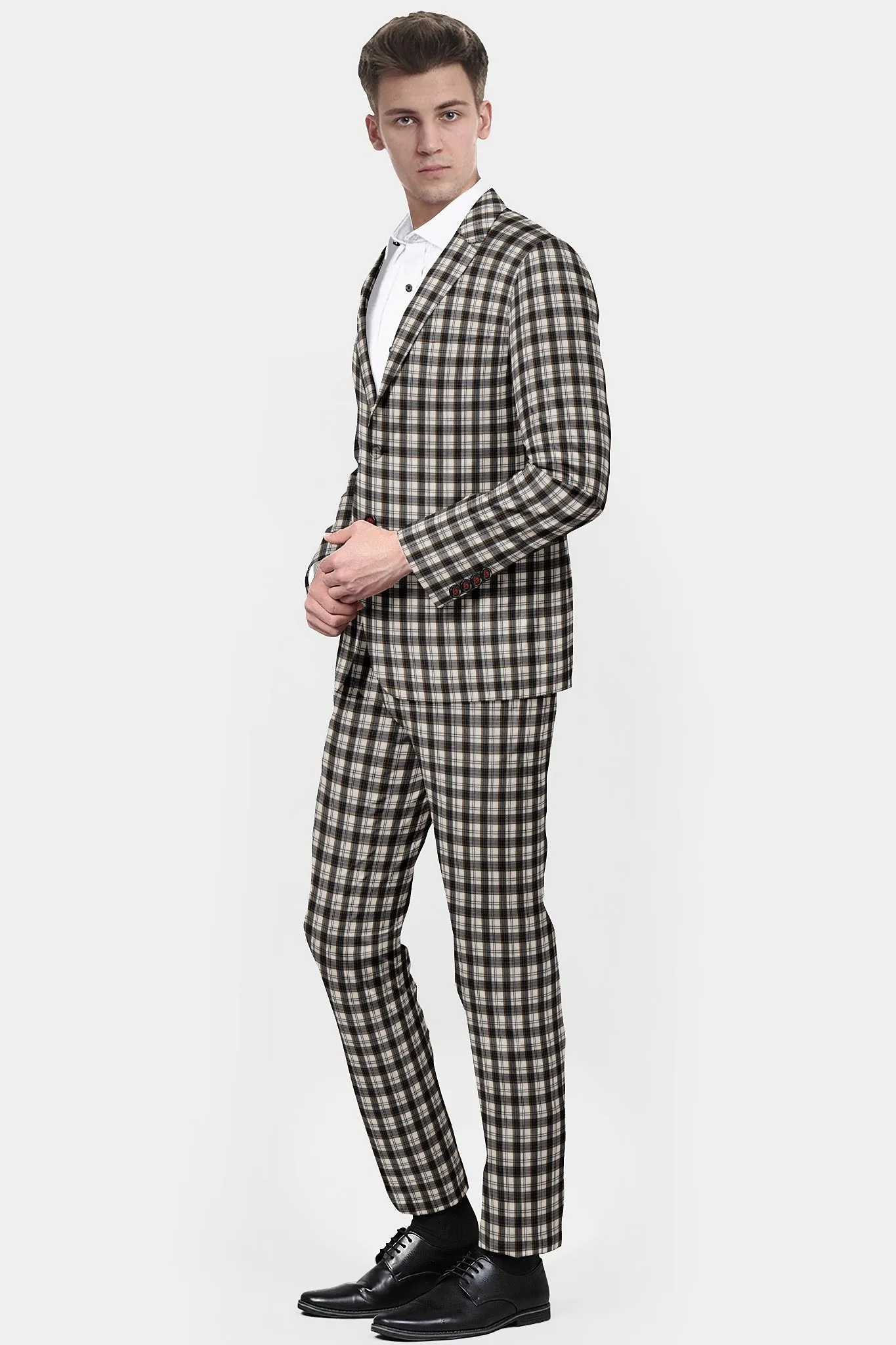 Carbon Grey Men's Two Button Dress Party Checks Print Suit Jacket Notched Lapel Slim Fit Terry Rayon Stylish Blazer