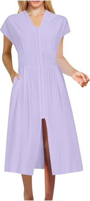 Casual Dresses for Women 2025 Summer Beach Sundress Cap Sleeve V Neck Zip Front Flowy Slit Midi Dress with Pocket