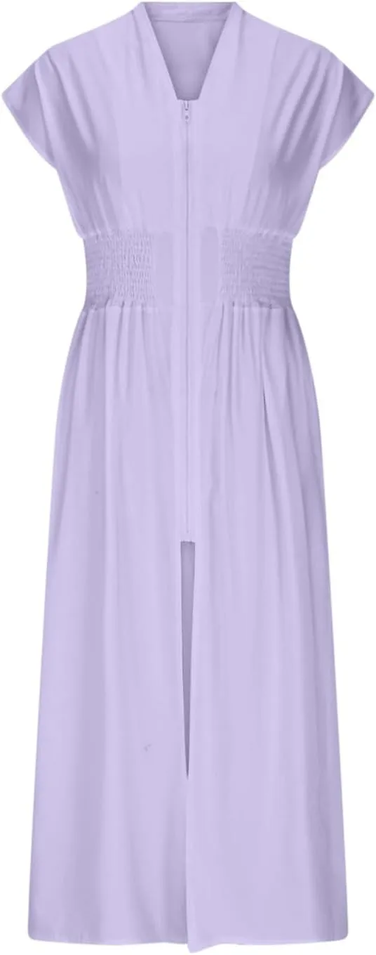 Casual Dresses for Women 2025 Summer Beach Sundress Cap Sleeve V Neck Zip Front Flowy Slit Midi Dress with Pocket