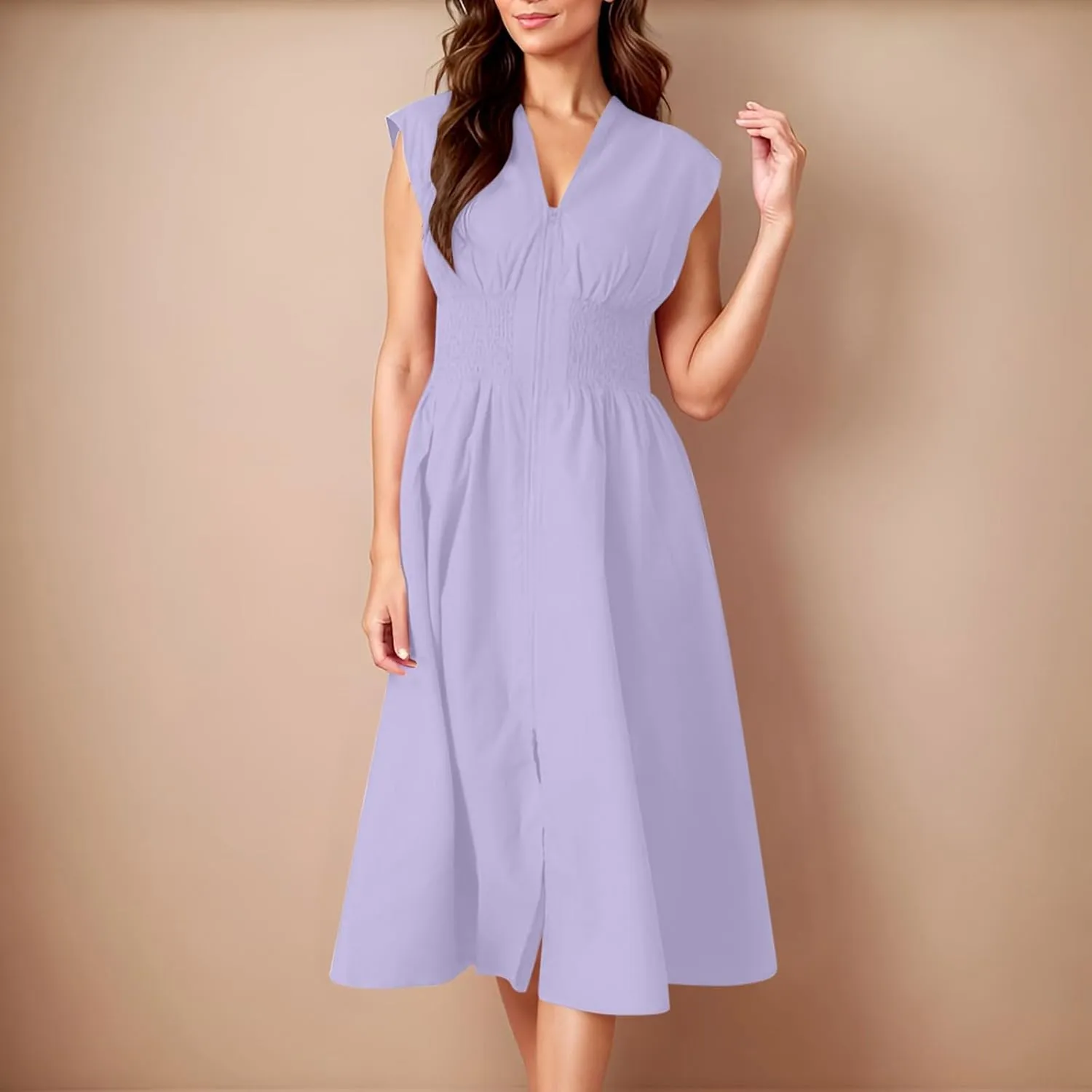 Casual Dresses for Women 2025 Summer Beach Sundress Cap Sleeve V Neck Zip Front Flowy Slit Midi Dress with Pocket