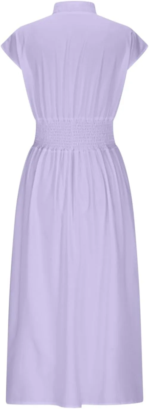 Casual Dresses for Women 2025 Summer Beach Sundress Cap Sleeve V Neck Zip Front Flowy Slit Midi Dress with Pocket