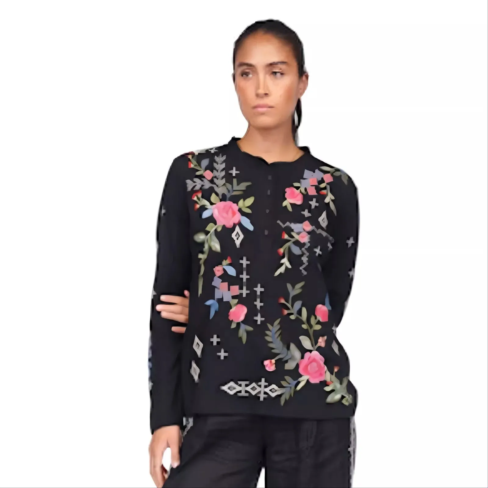 Catia Raw Seam Henley in Black | Johnny Was