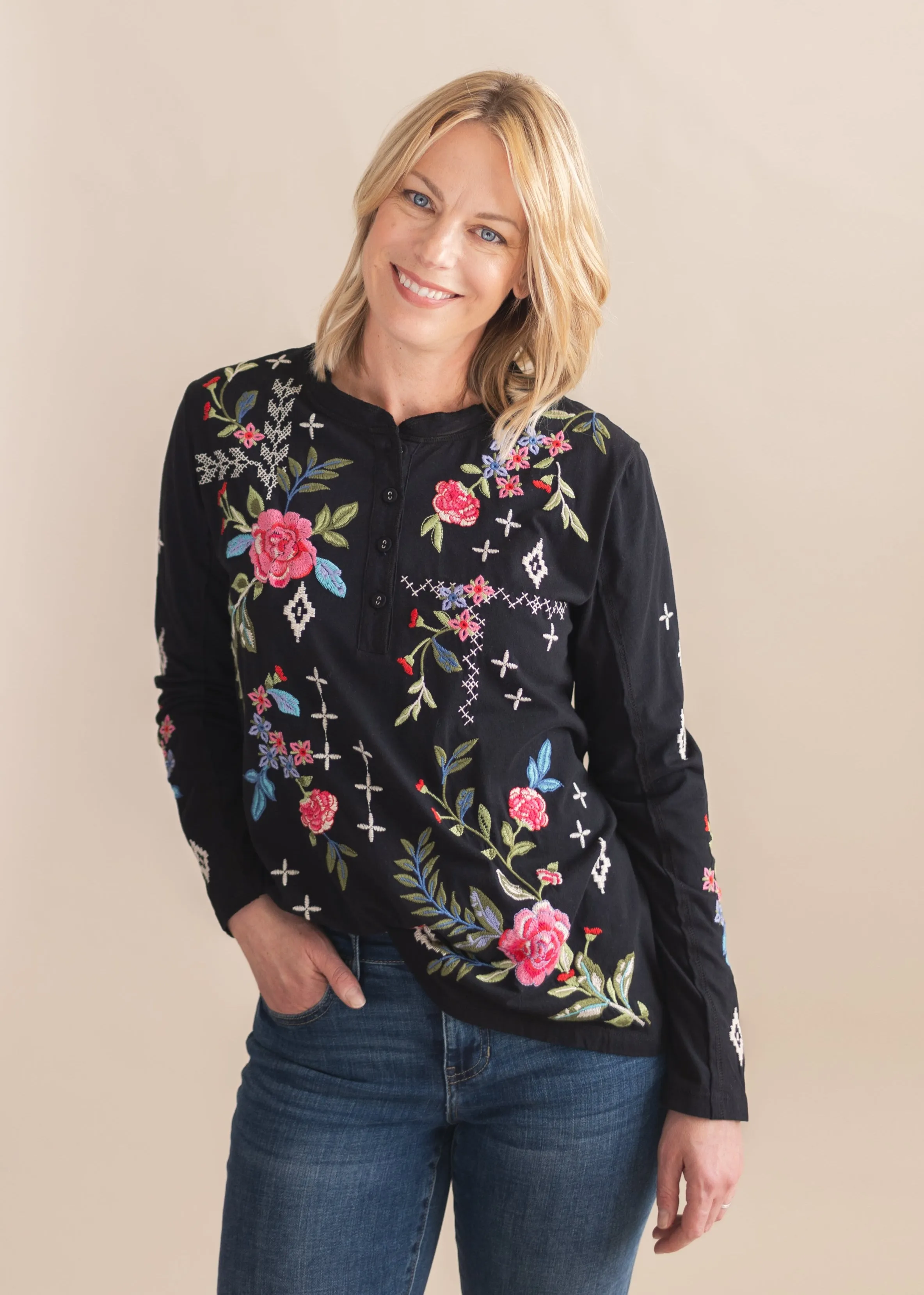 Catia Raw Seam Henley in Black | Johnny Was