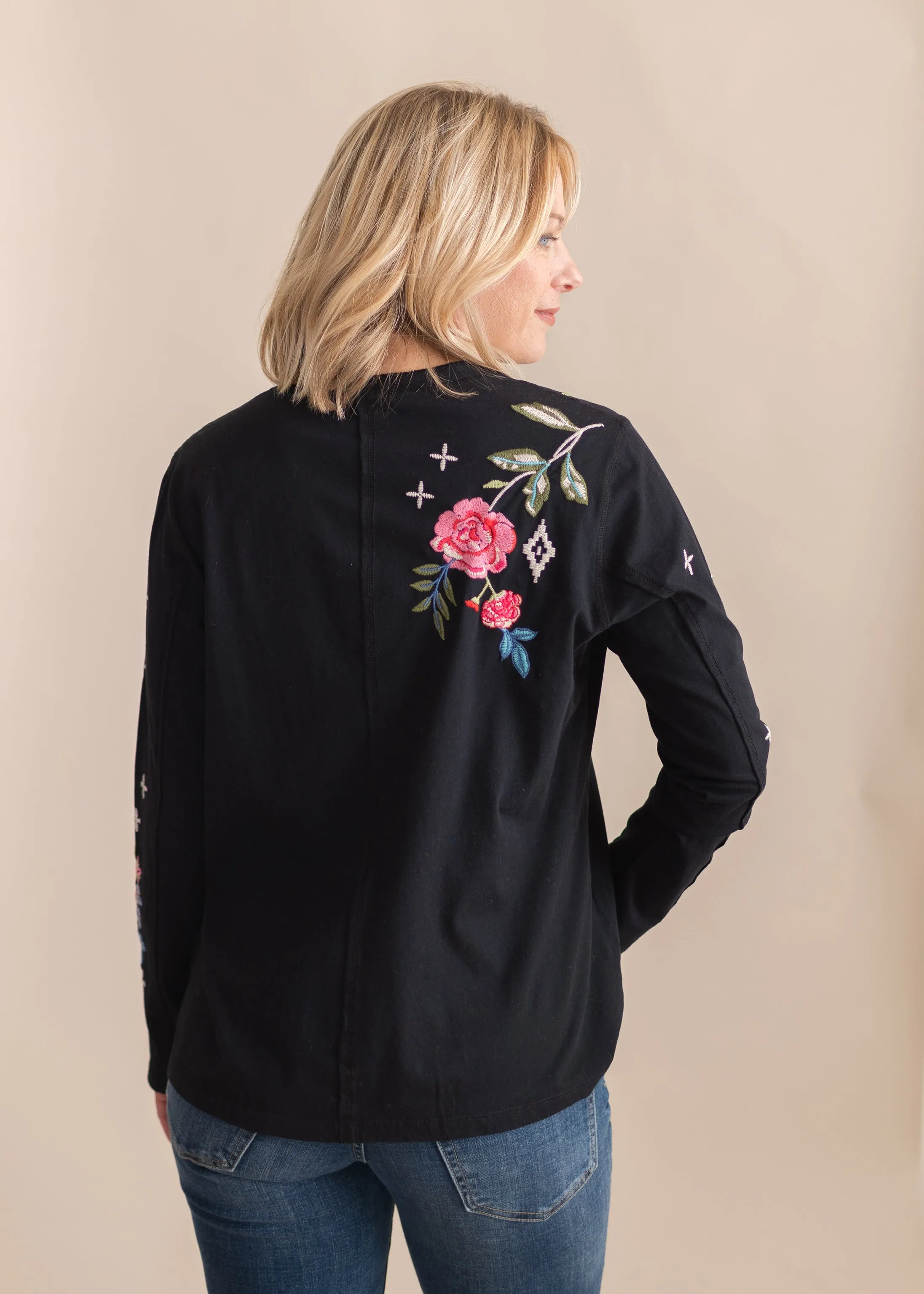 Catia Raw Seam Henley in Black | Johnny Was
