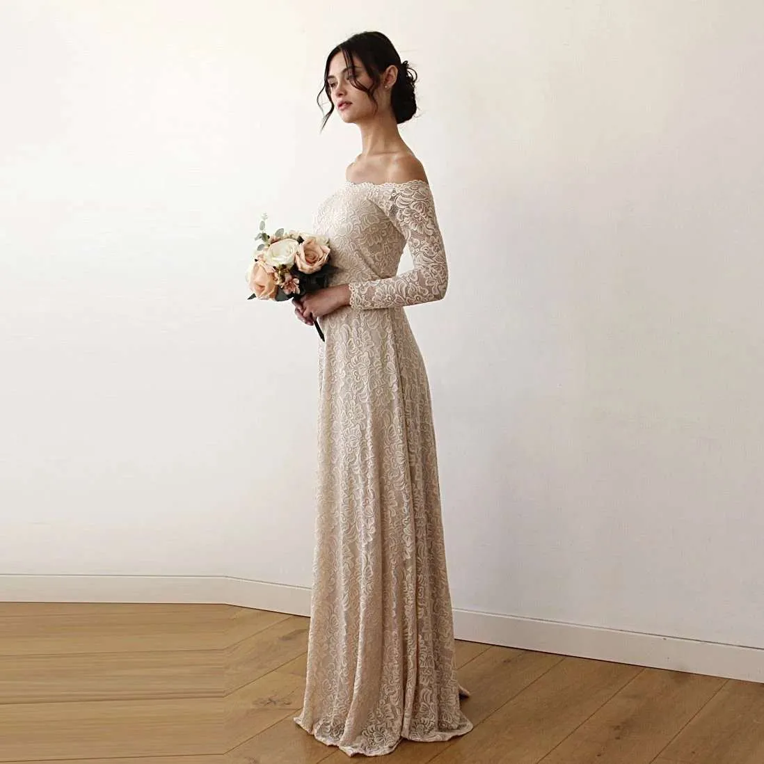 Champagne Off-The-Shoulder Long Sleeve Lace Wedding Dress with Scallop Neckline