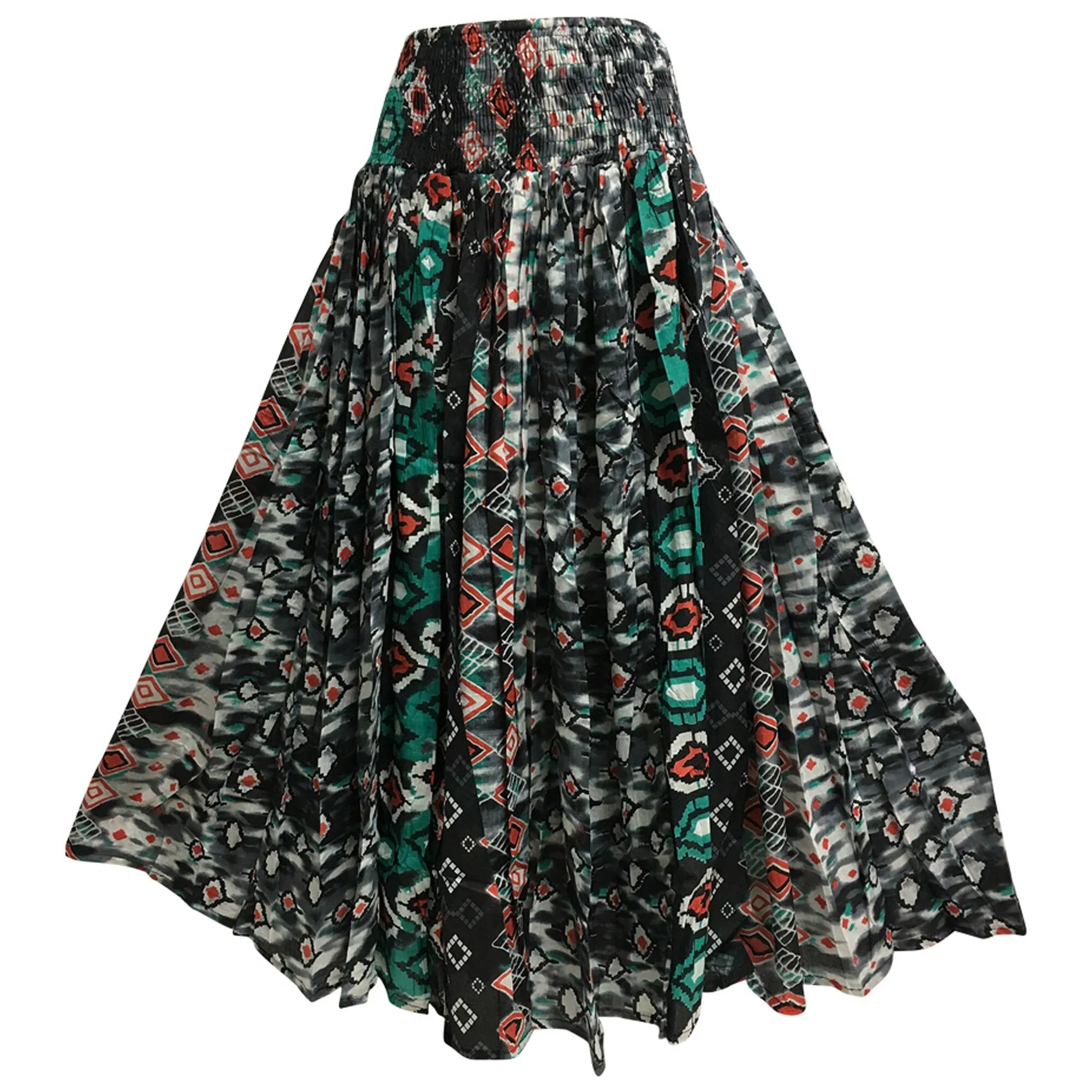 Charcoal Full Circle Grey Black Teal Geometric Print Cotton Bohemian Long Skirt #112
