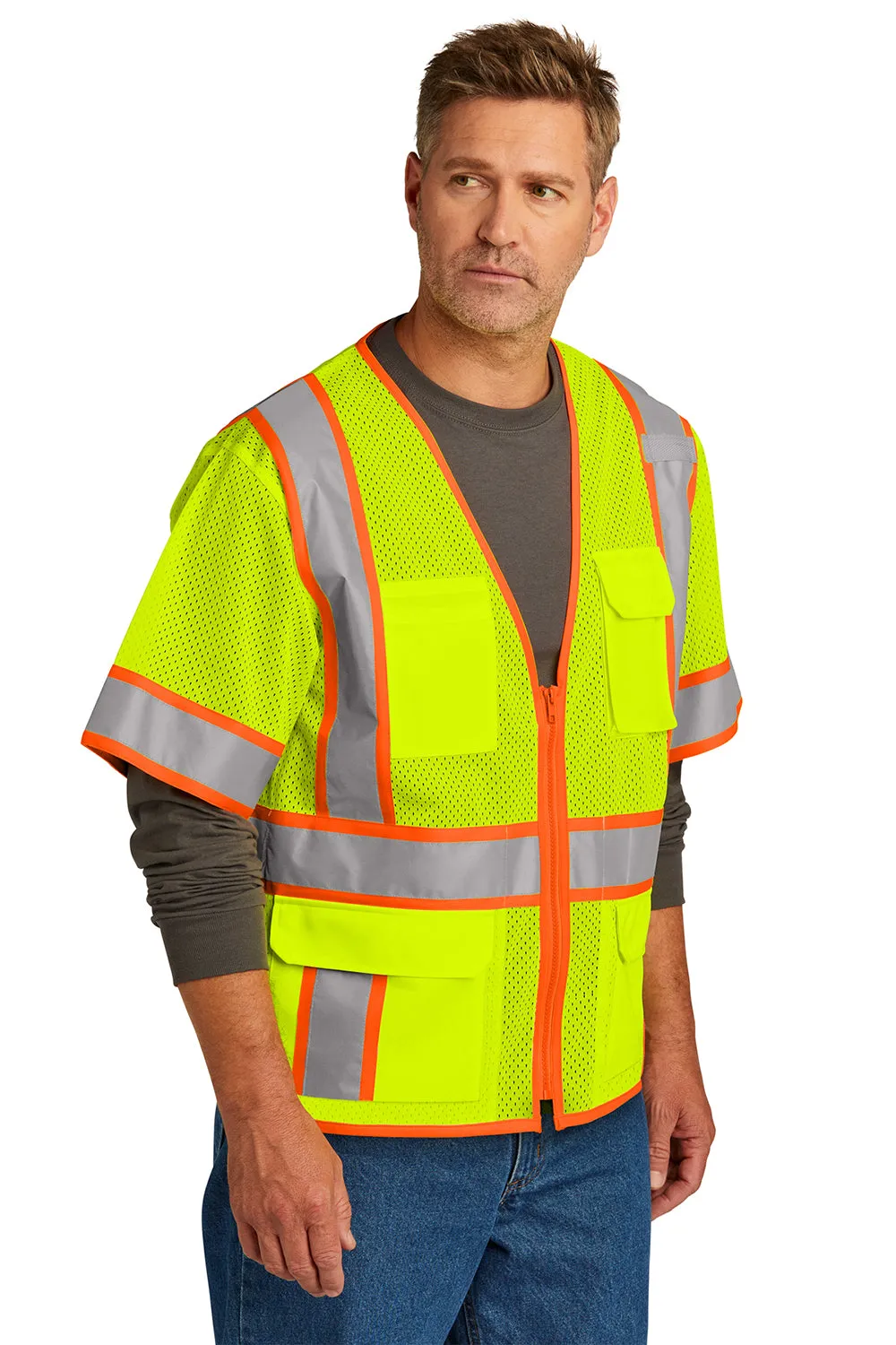 CornerStone Mens ANSI 107 Class 3 Surveyor Mesh Zipper Vest w/ Pocket - Safety Yellow