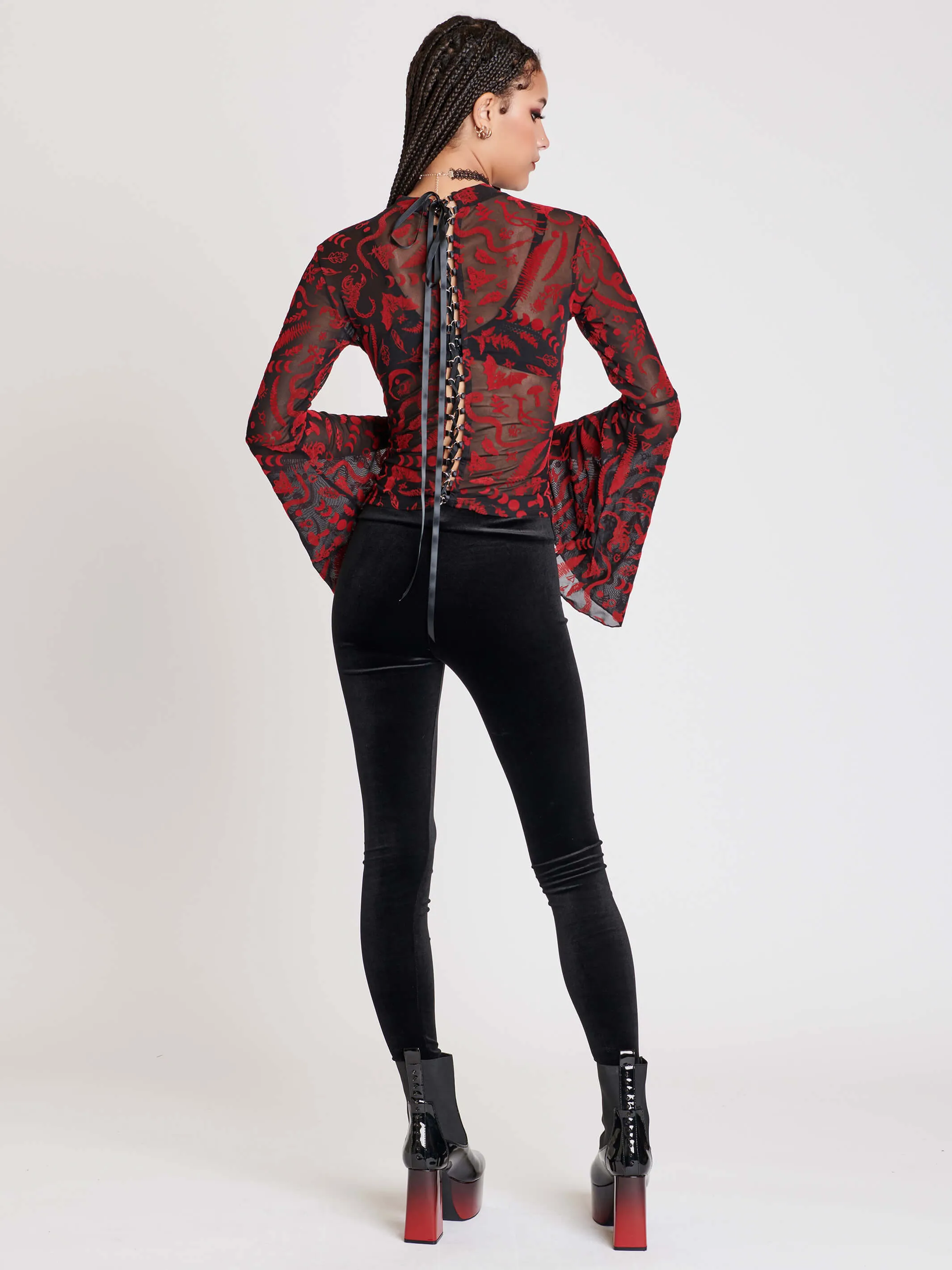Creatures Flocked Mesh Bell Sleeve Top