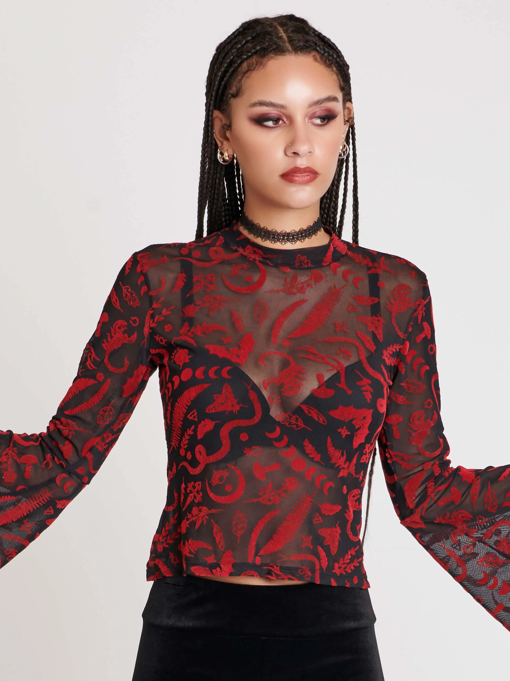 Creatures Flocked Mesh Bell Sleeve Top