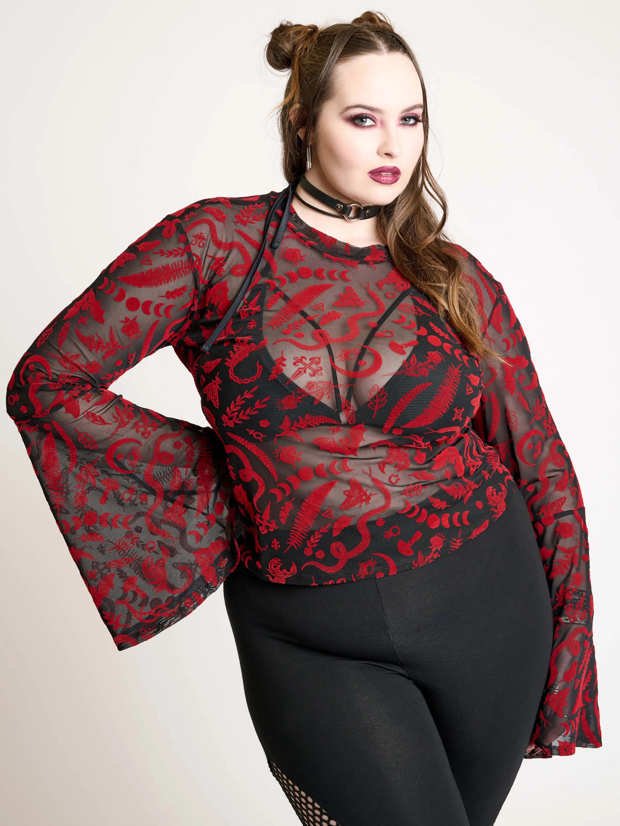 Creatures Flocked Mesh Bell Sleeve Top