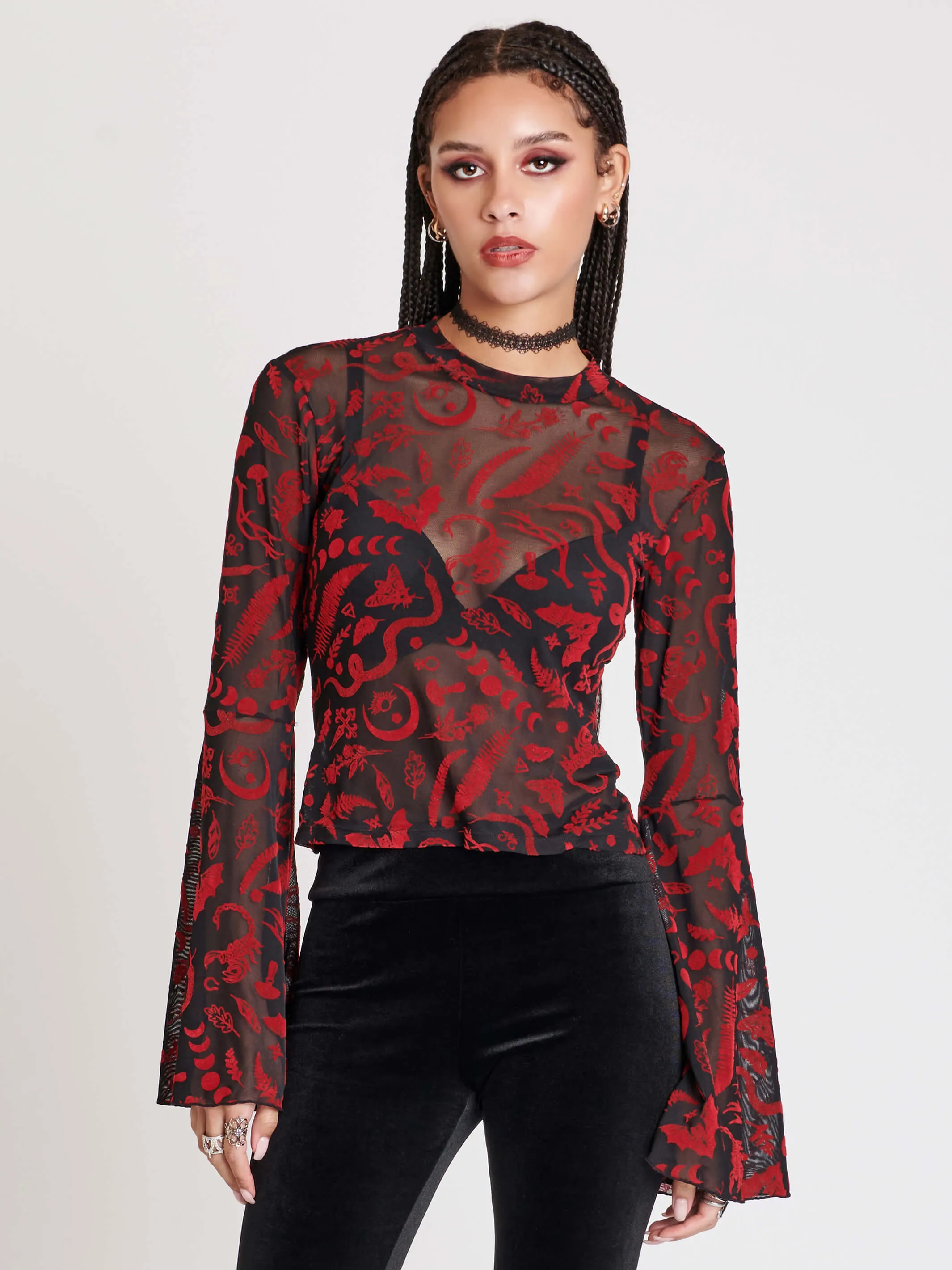 Creatures Flocked Mesh Bell Sleeve Top