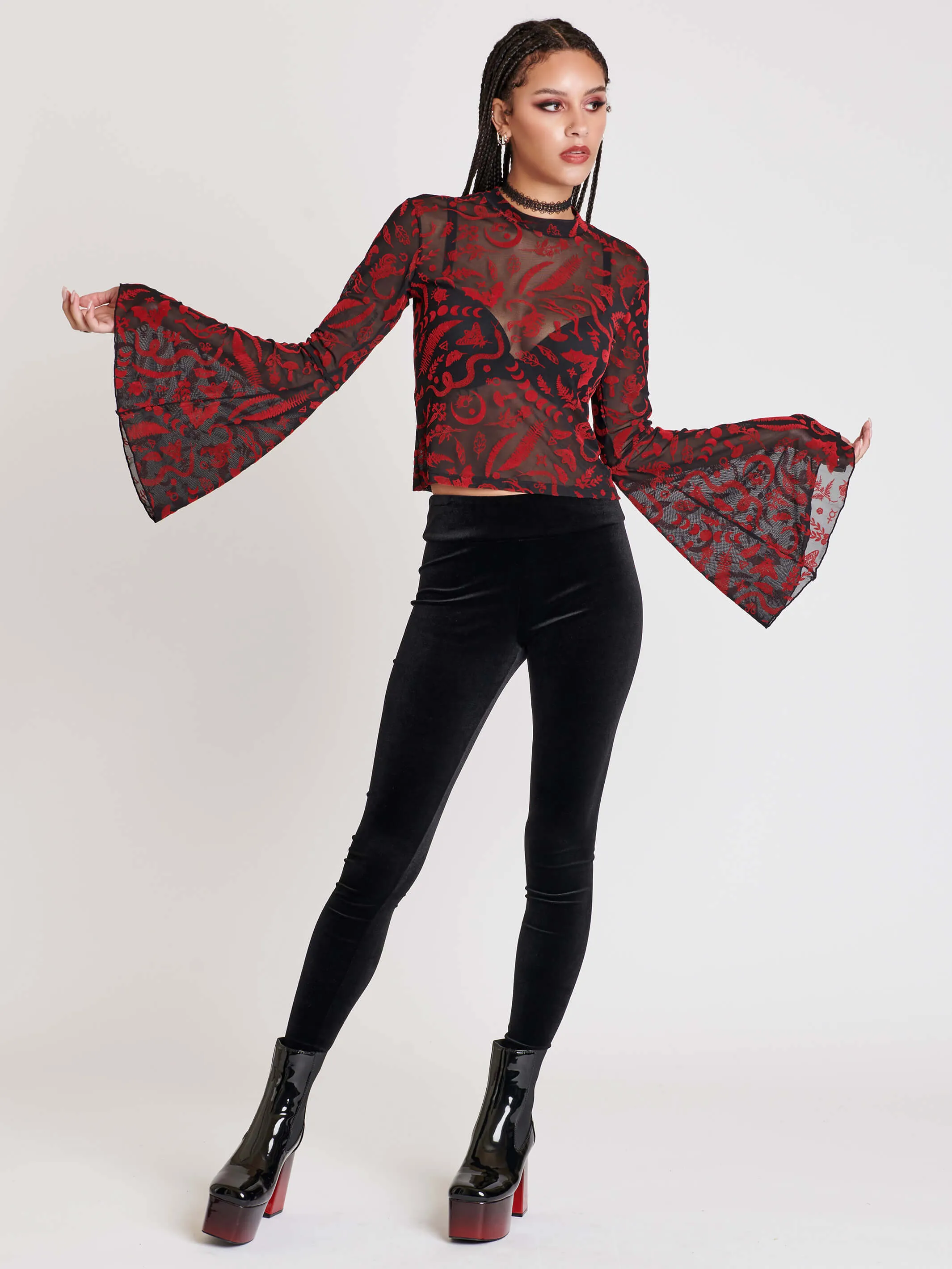 Creatures Flocked Mesh Bell Sleeve Top