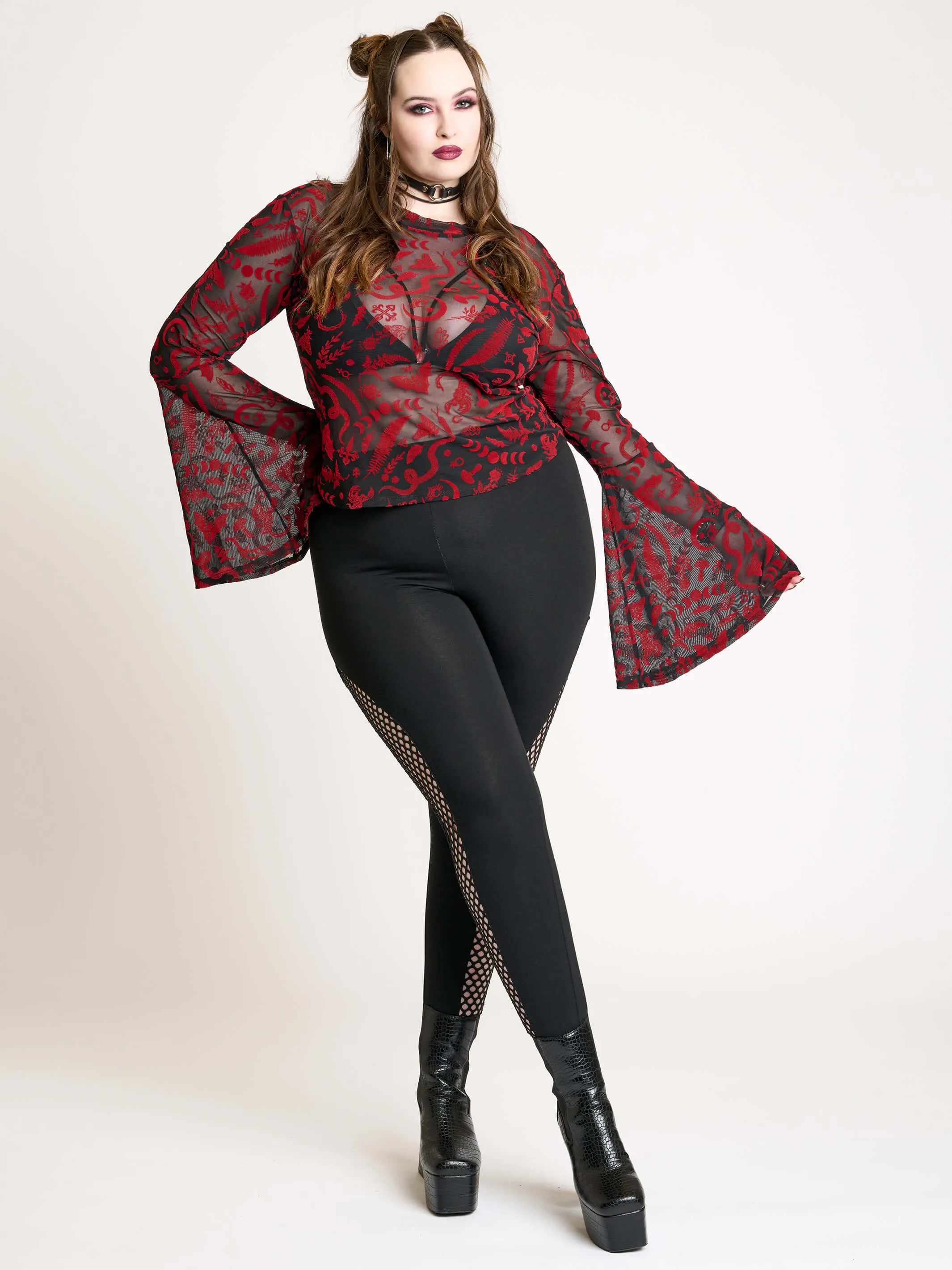 Creatures Flocked Mesh Bell Sleeve Top