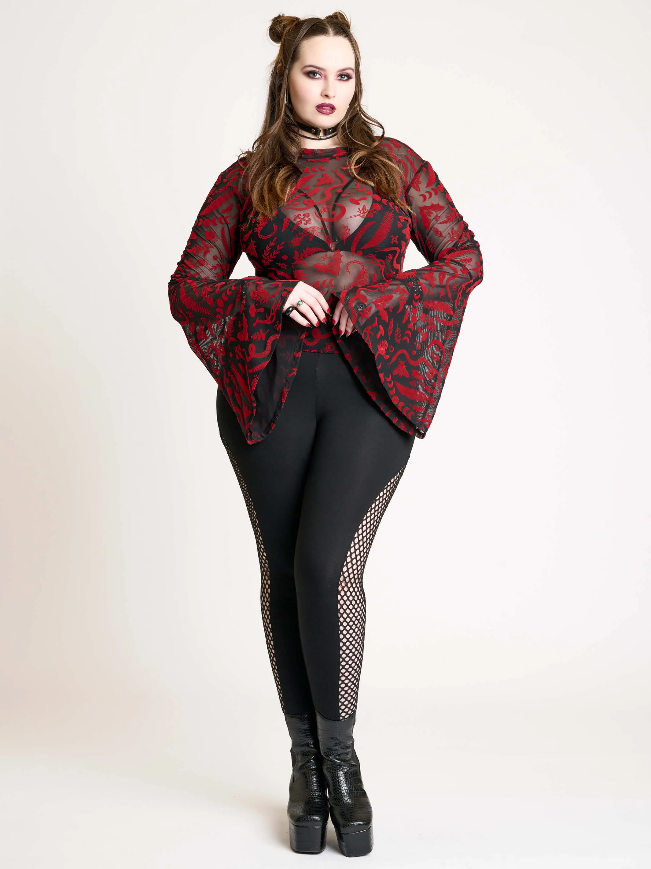 Creatures Flocked Mesh Bell Sleeve Top