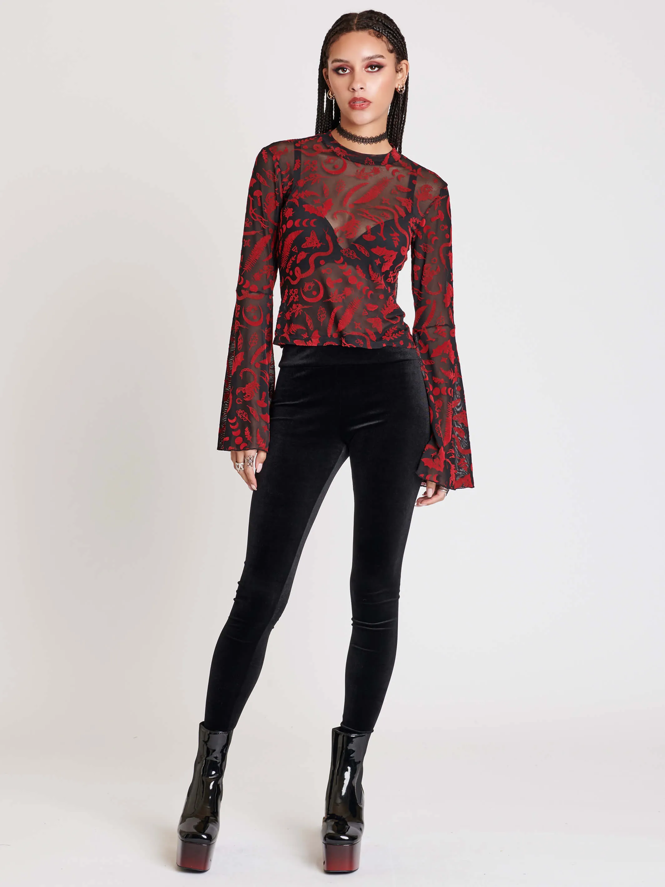 Creatures Flocked Mesh Bell Sleeve Top