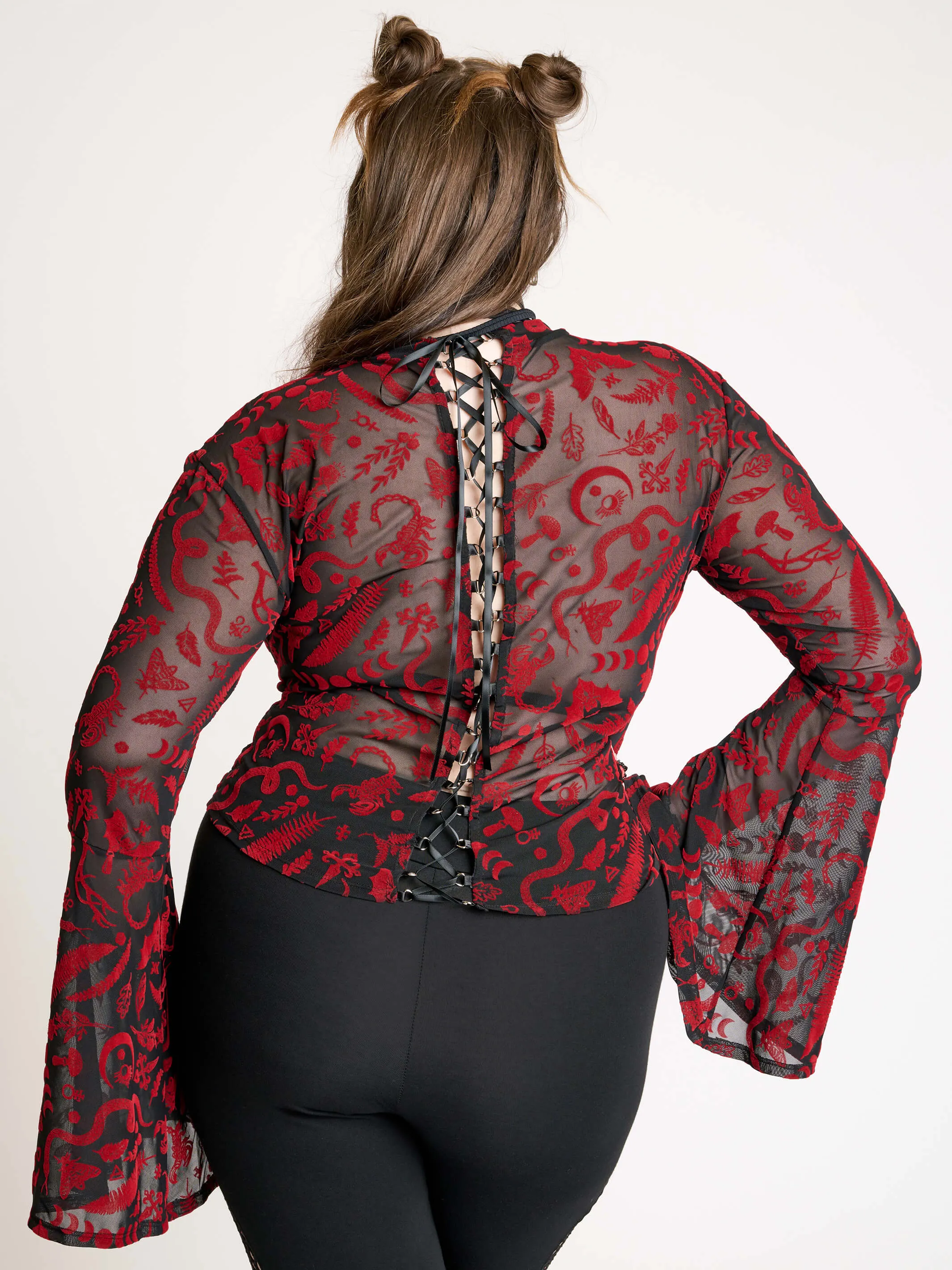 Creatures Flocked Mesh Bell Sleeve Top