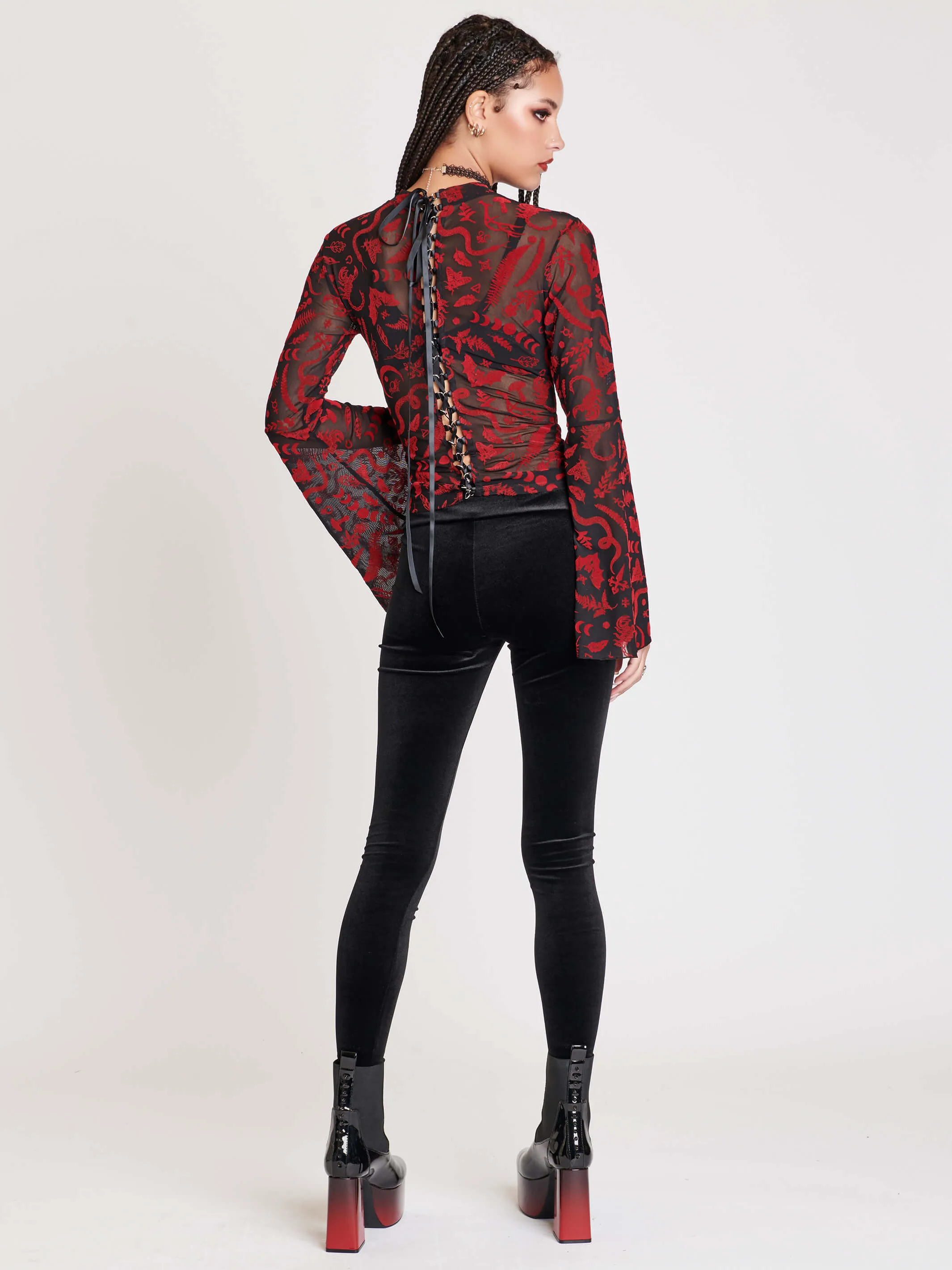 Creatures Flocked Mesh Bell Sleeve Top