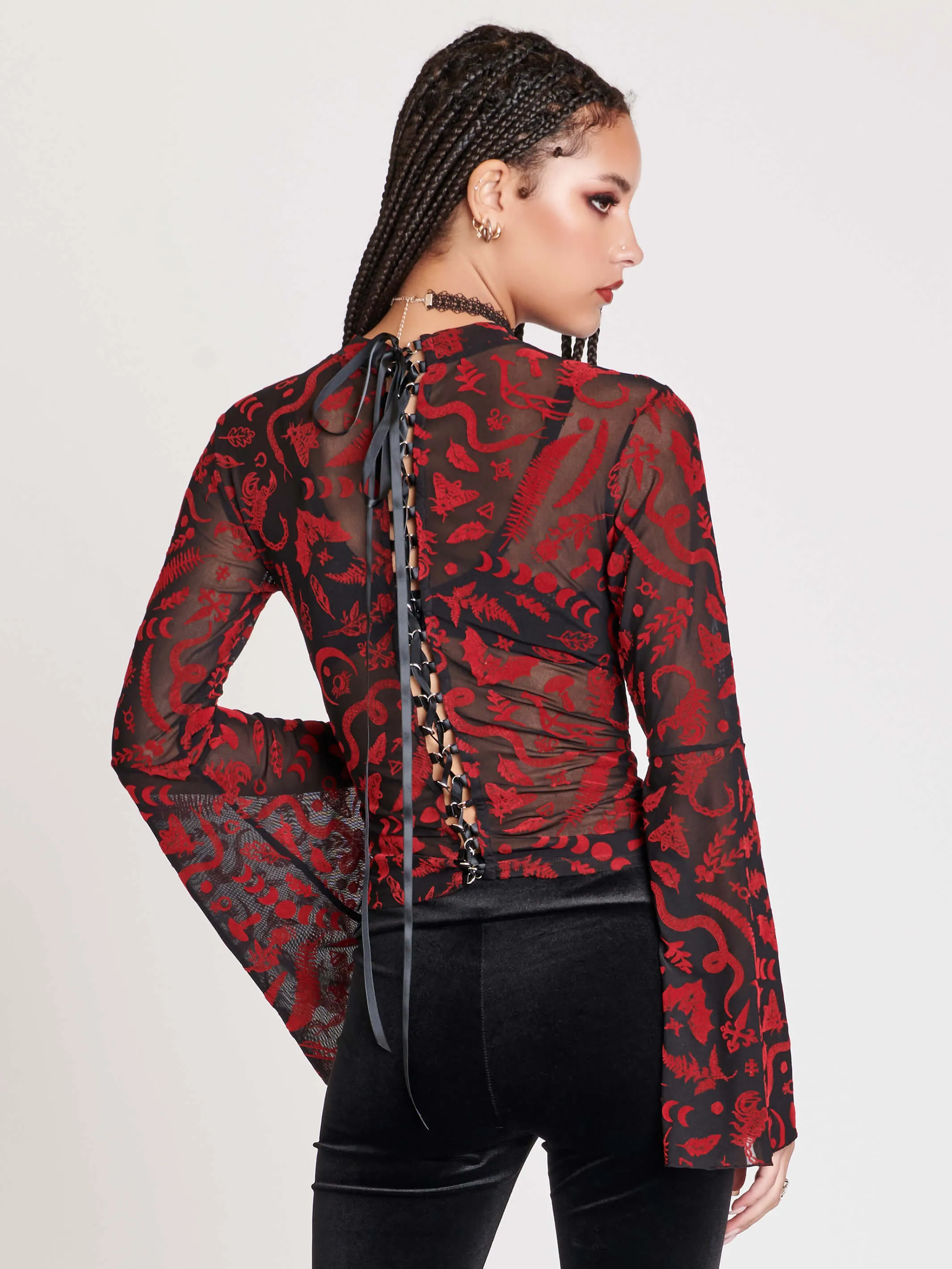 Creatures Flocked Mesh Bell Sleeve Top