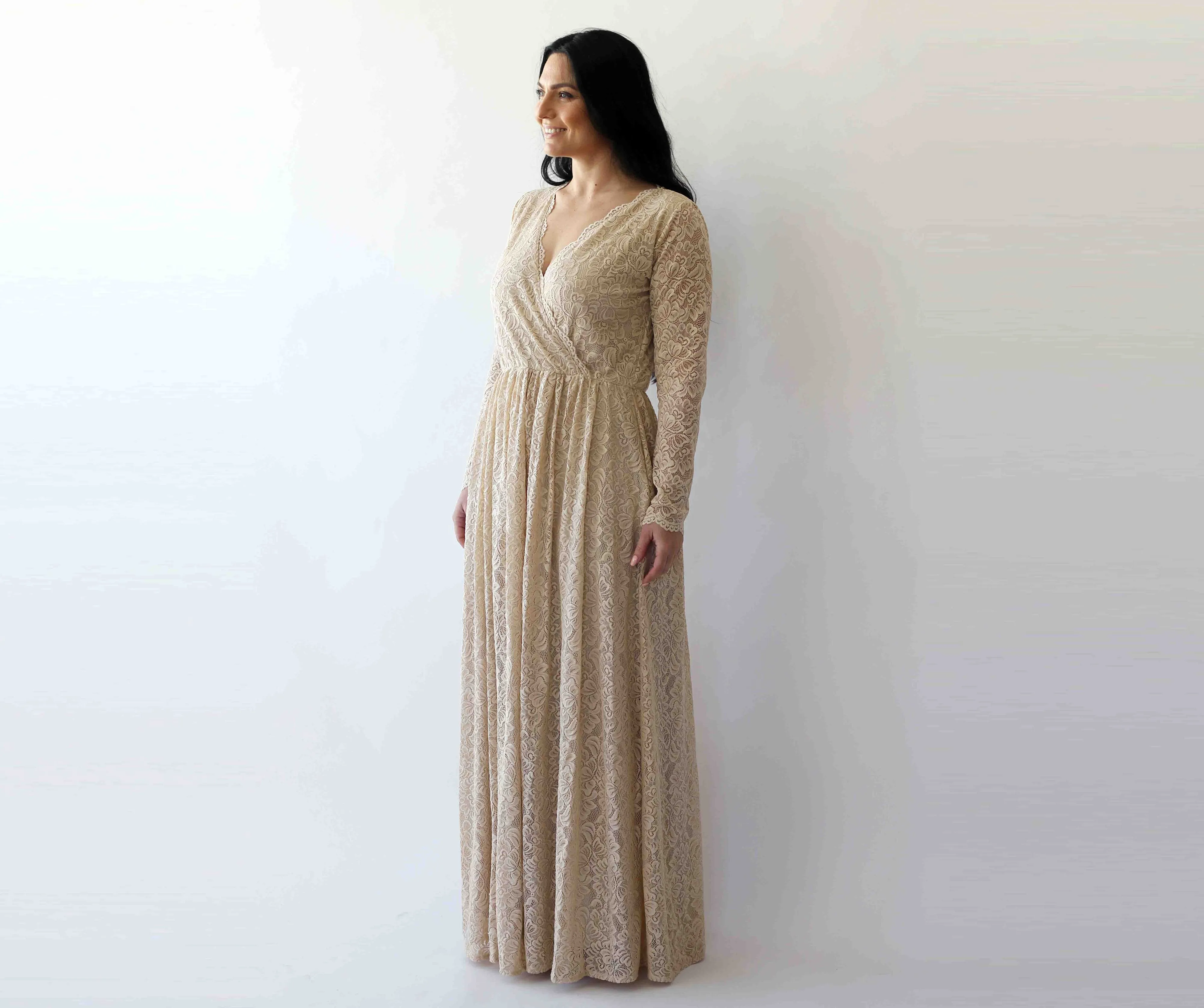 Curve & Plus Size Sleeves Lace Wedding Dress,Long Sleeves Champagne Boho Wedding Dress With Pockets 1269