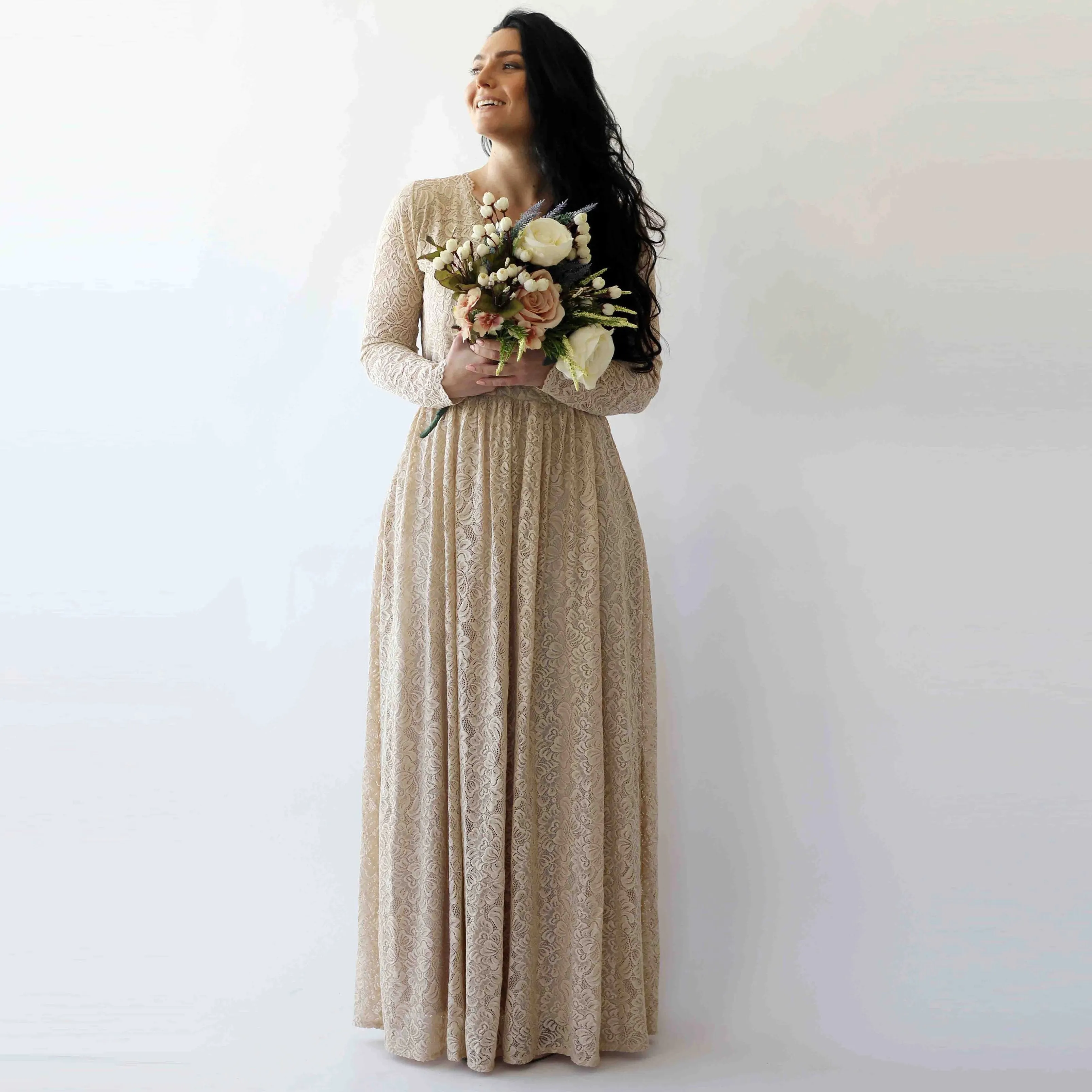 Curve & Plus Size Sleeves Lace Wedding Dress,Long Sleeves Champagne Boho Wedding Dress With Pockets 1269