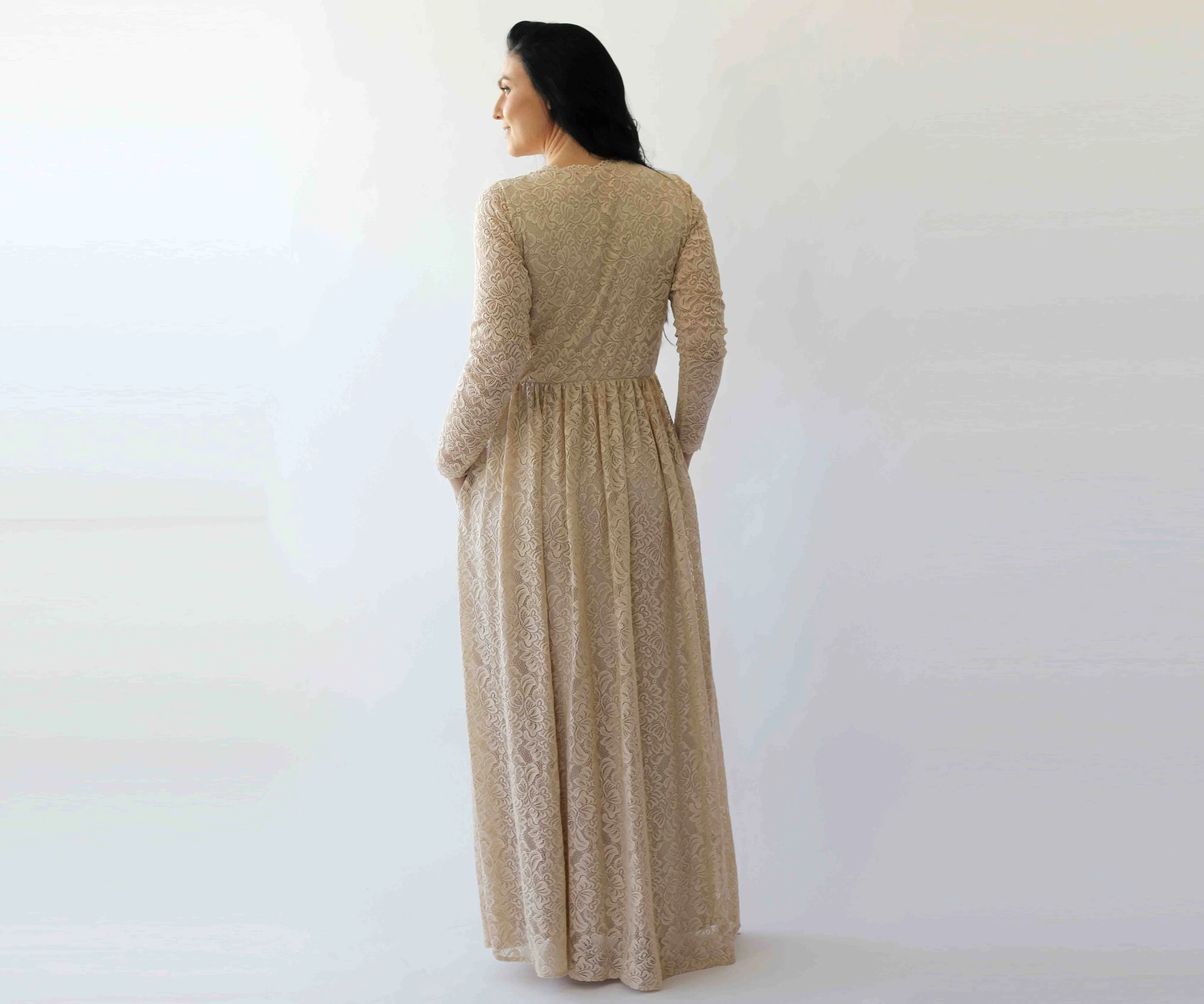 Curve & Plus Size Sleeves Lace Wedding Dress,Long Sleeves Champagne Boho Wedding Dress With Pockets 1269