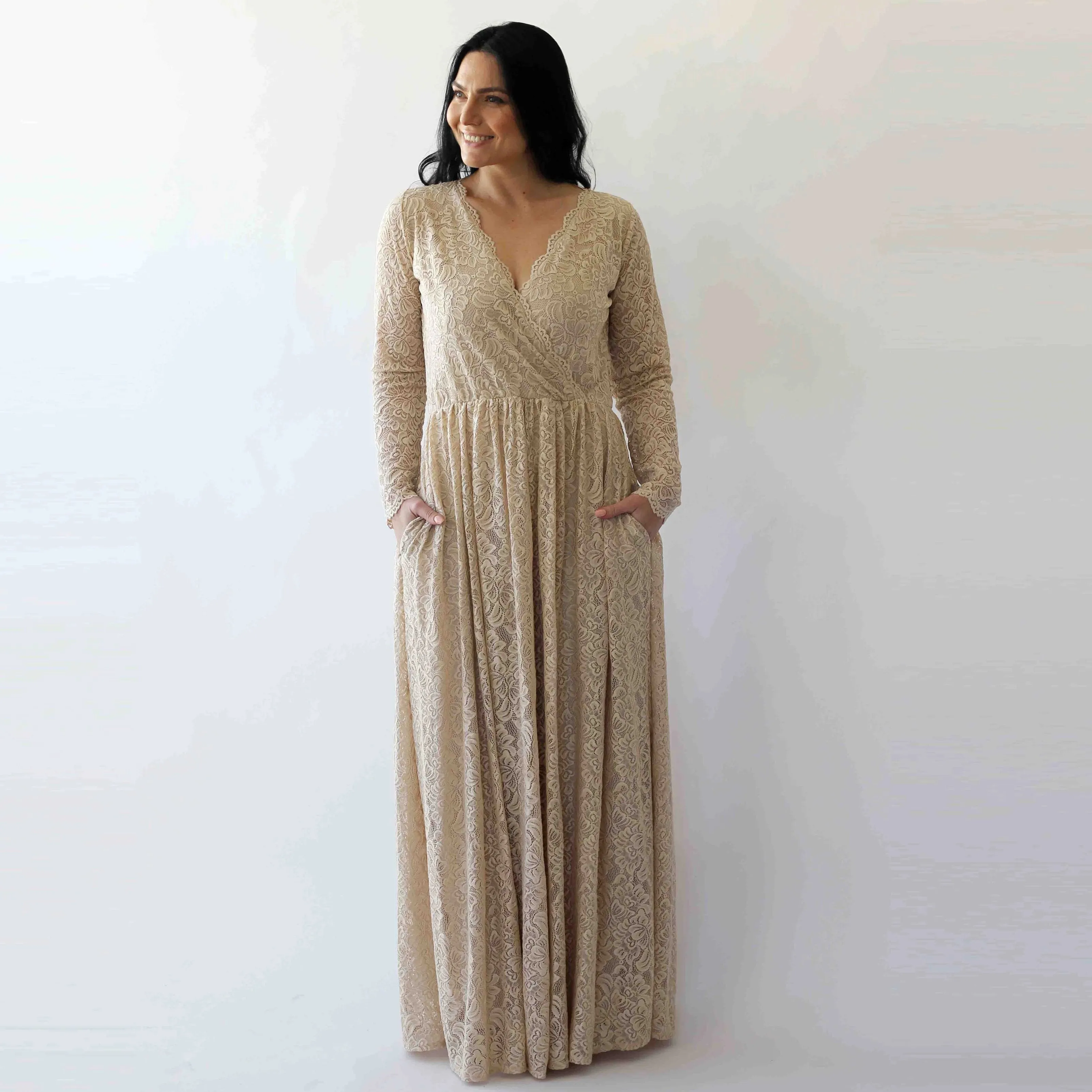 Curve & Plus Size Sleeves Lace Wedding Dress,Long Sleeves Champagne Boho Wedding Dress With Pockets 1269