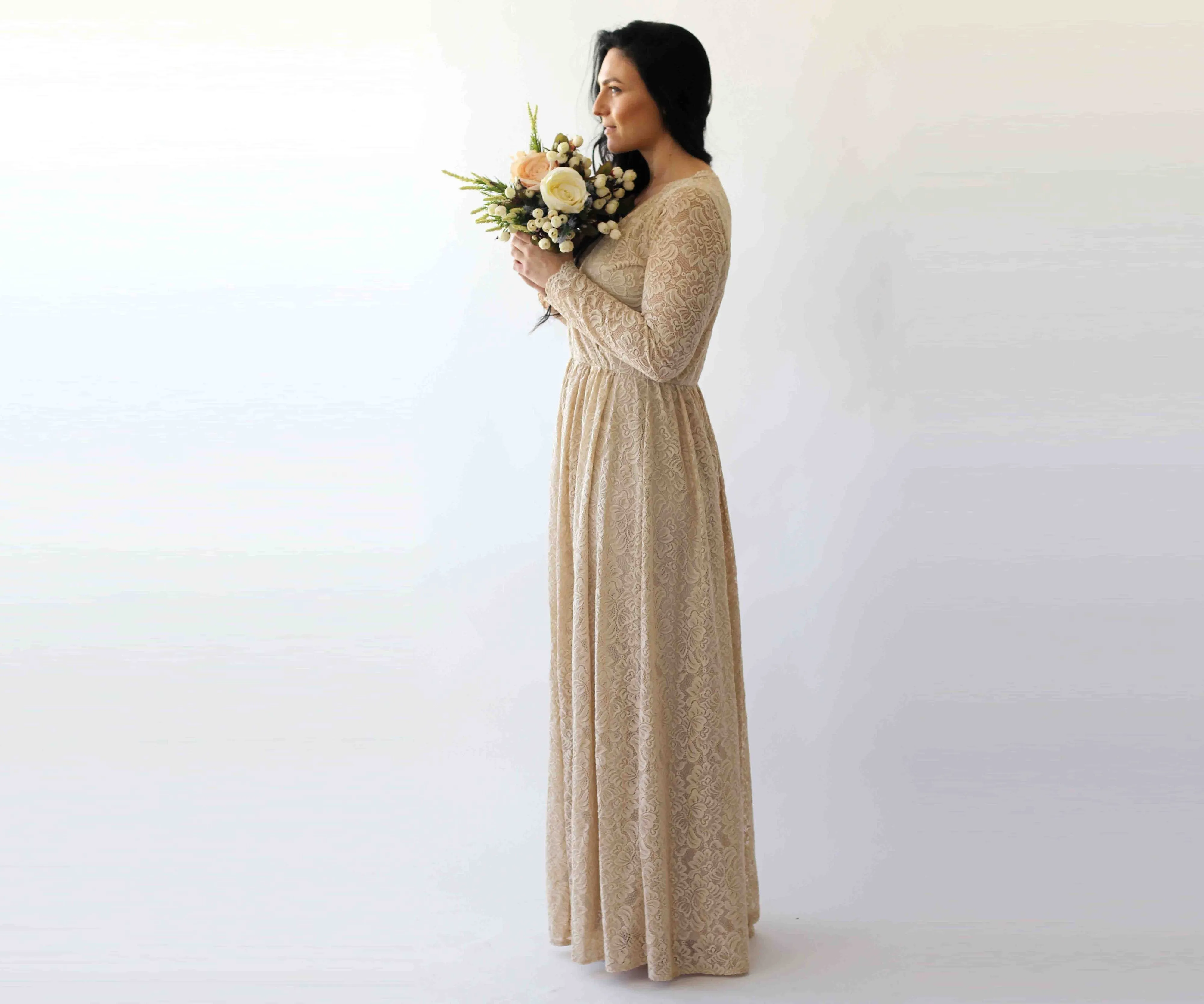 Curve & Plus Size Sleeves Lace Wedding Dress,Long Sleeves Champagne Boho Wedding Dress With Pockets 1269