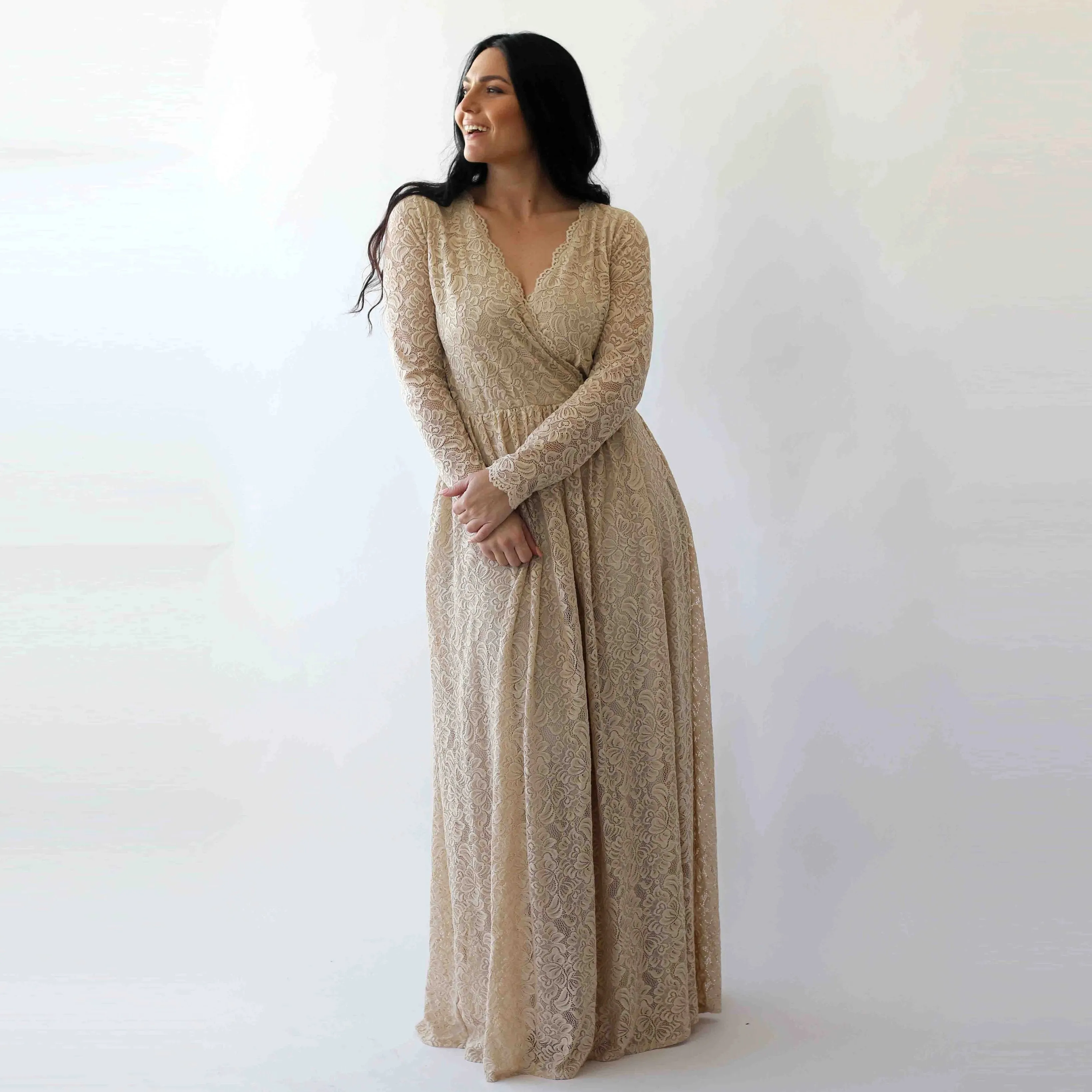 Curve & Plus Size Sleeves Lace Wedding Dress,Long Sleeves Champagne Boho Wedding Dress With Pockets 1269
