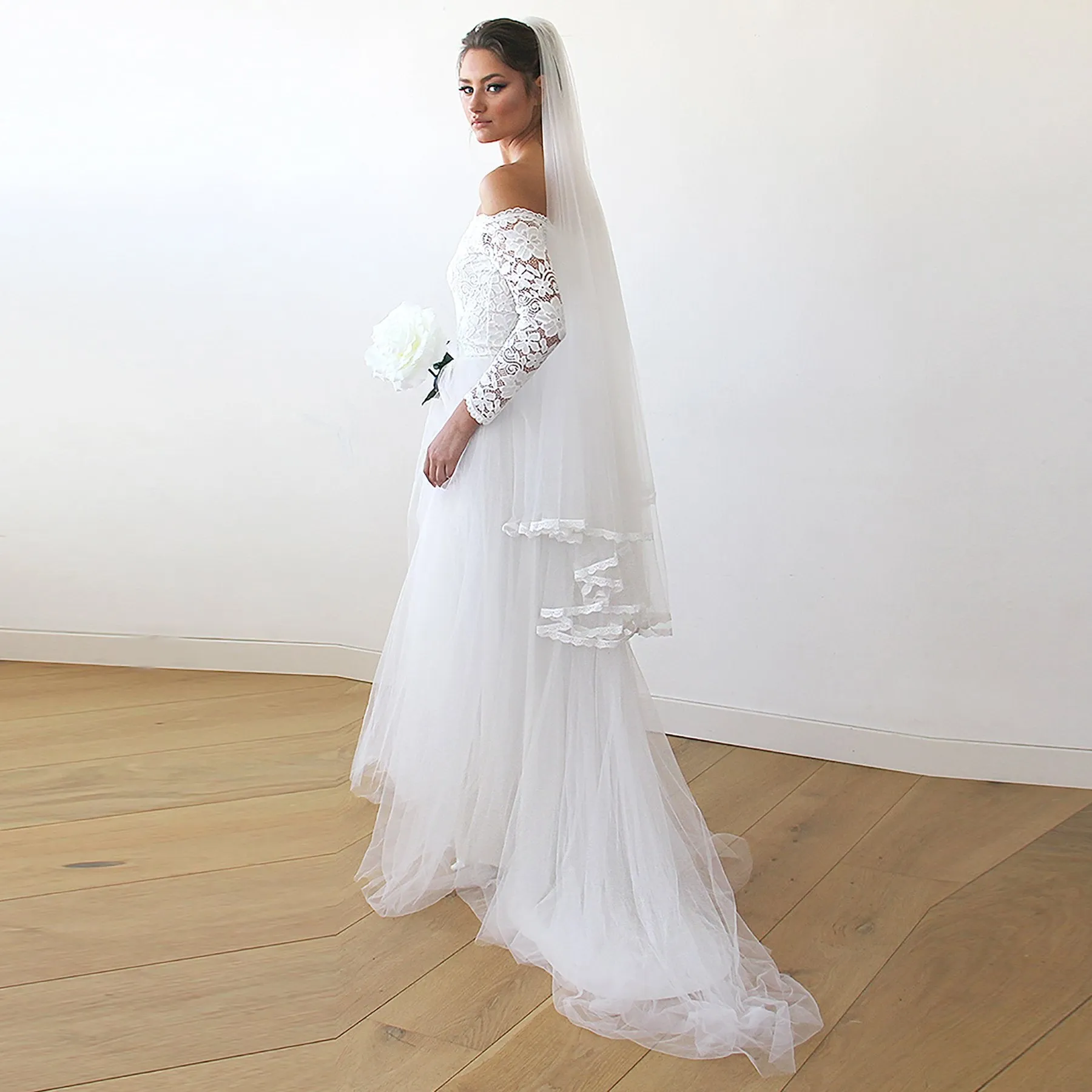 Curvy  Off-The-Shoulder  Ivory Wedding Train Dress  #1162