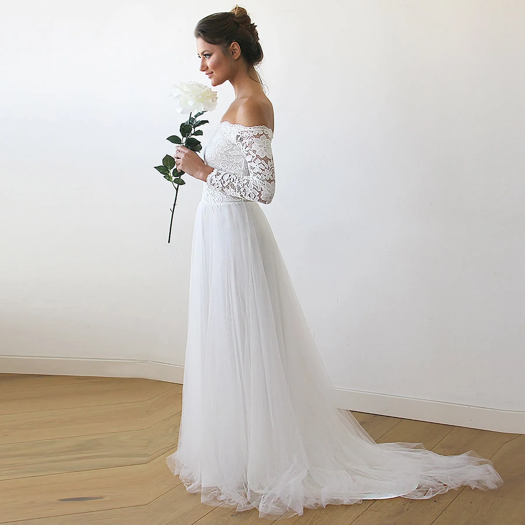 Curvy  Off-The-Shoulder  Ivory Wedding Train Dress  #1162
