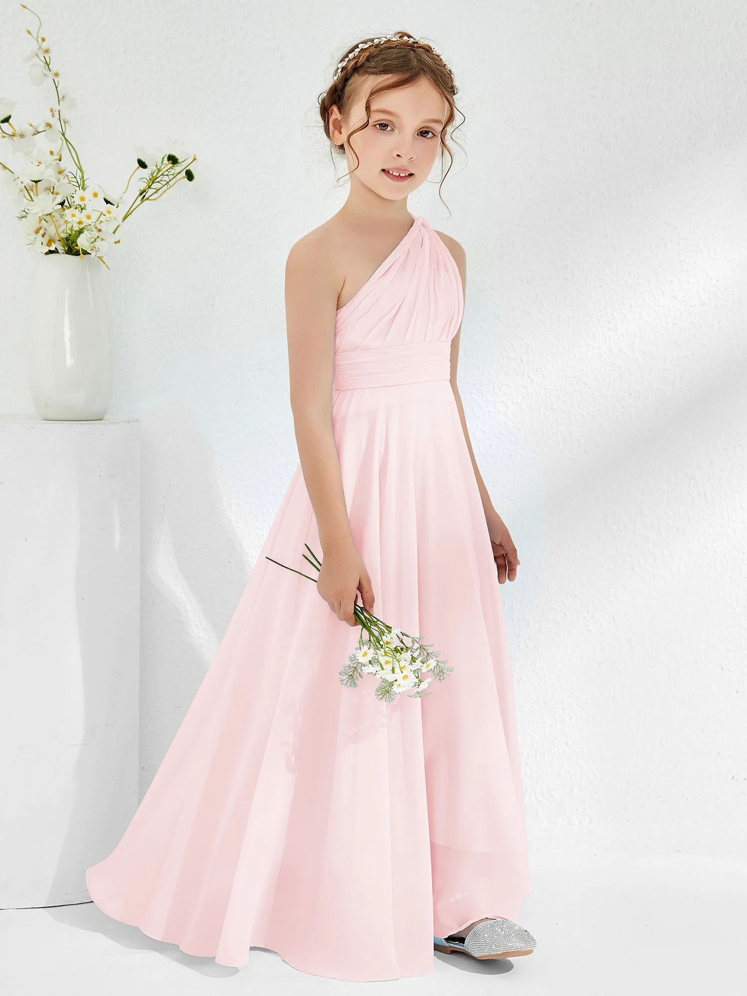 Cute One Shoulder  A-line Junior Bridesmaid Dresses Blushing Pink