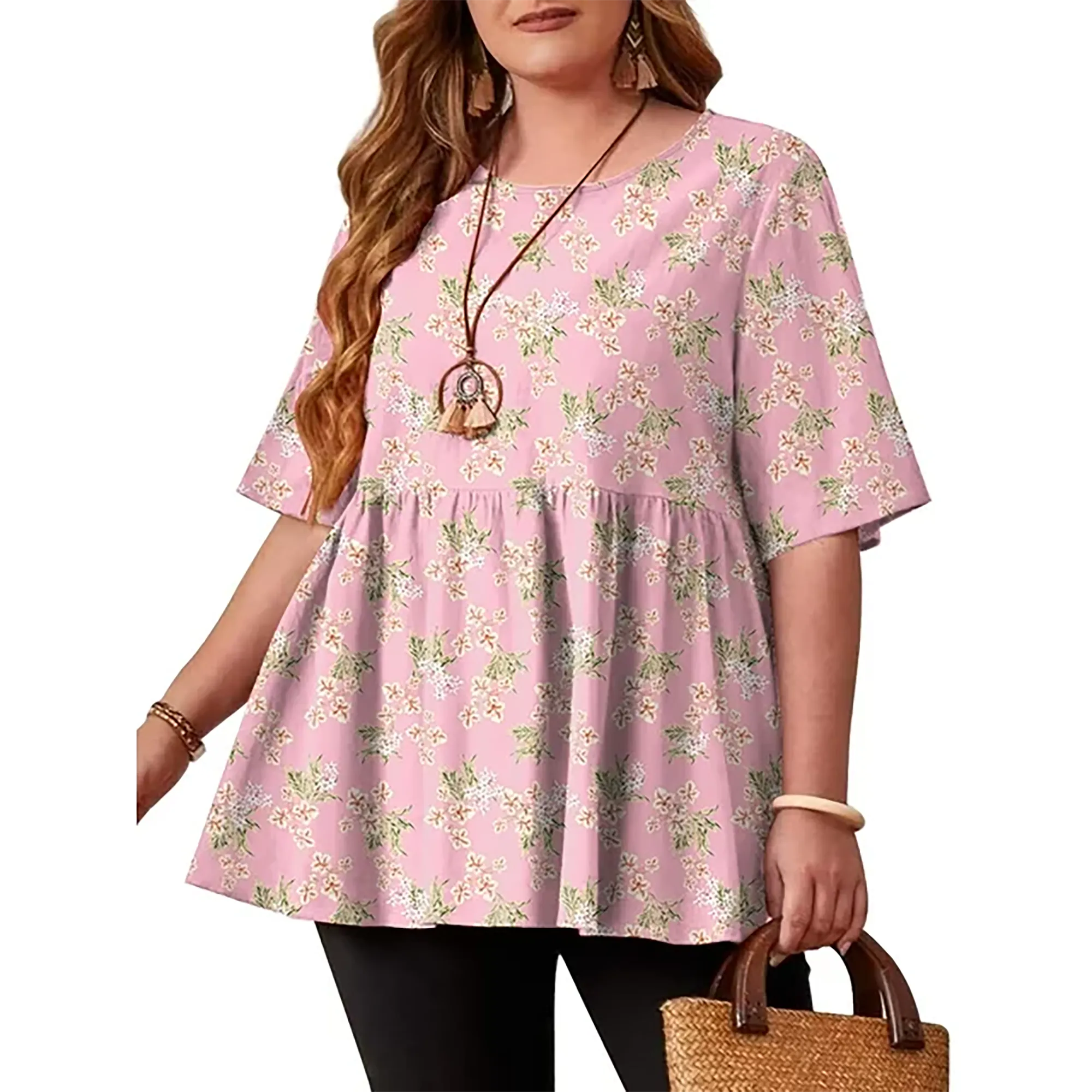 DEARCASE Women's Plus Size Tunic Short Sleeve Top Trendy Style Flowy Loose T-Shirt
