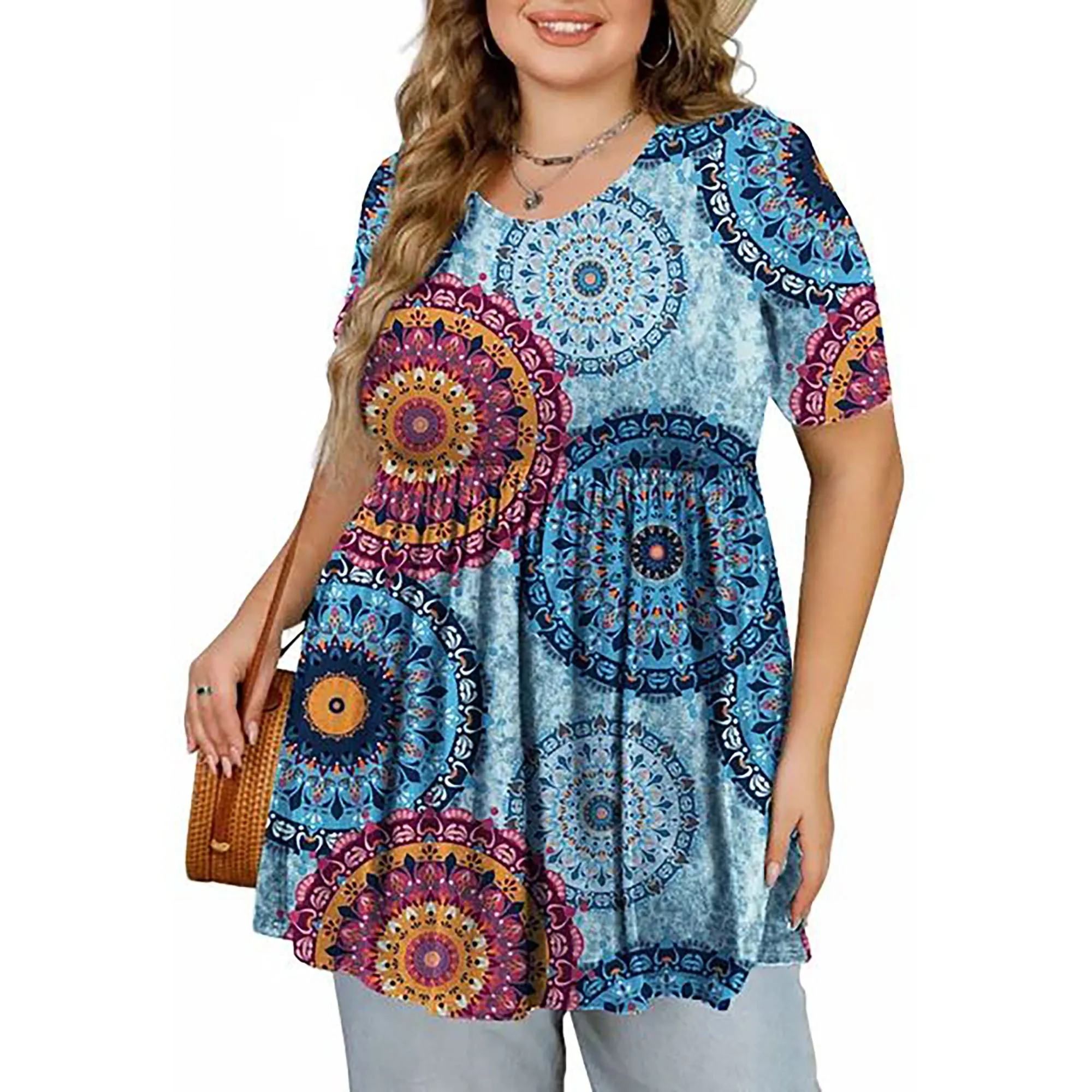 DEARCASE Women's Plus Size Tunic Short Sleeve Top Trendy Style Flowy Loose T-Shirt