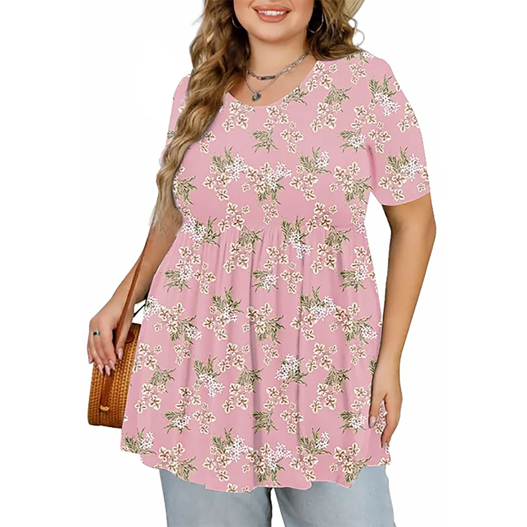 DEARCASE Women's Plus Size Tunic Short Sleeve Top Trendy Style Flowy Loose T-Shirt