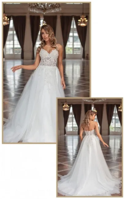 Designer Long A-line V-neck Tulle Sleeveless Wedding Dresses With Lace