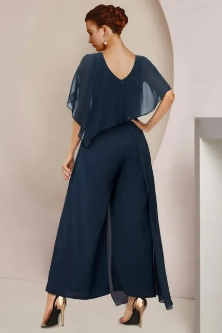Designer Two Pieces Mother of The Bride Suit Chiffon Scoop Cap Sleeve Bridesmaid Dresses With Ruffles
