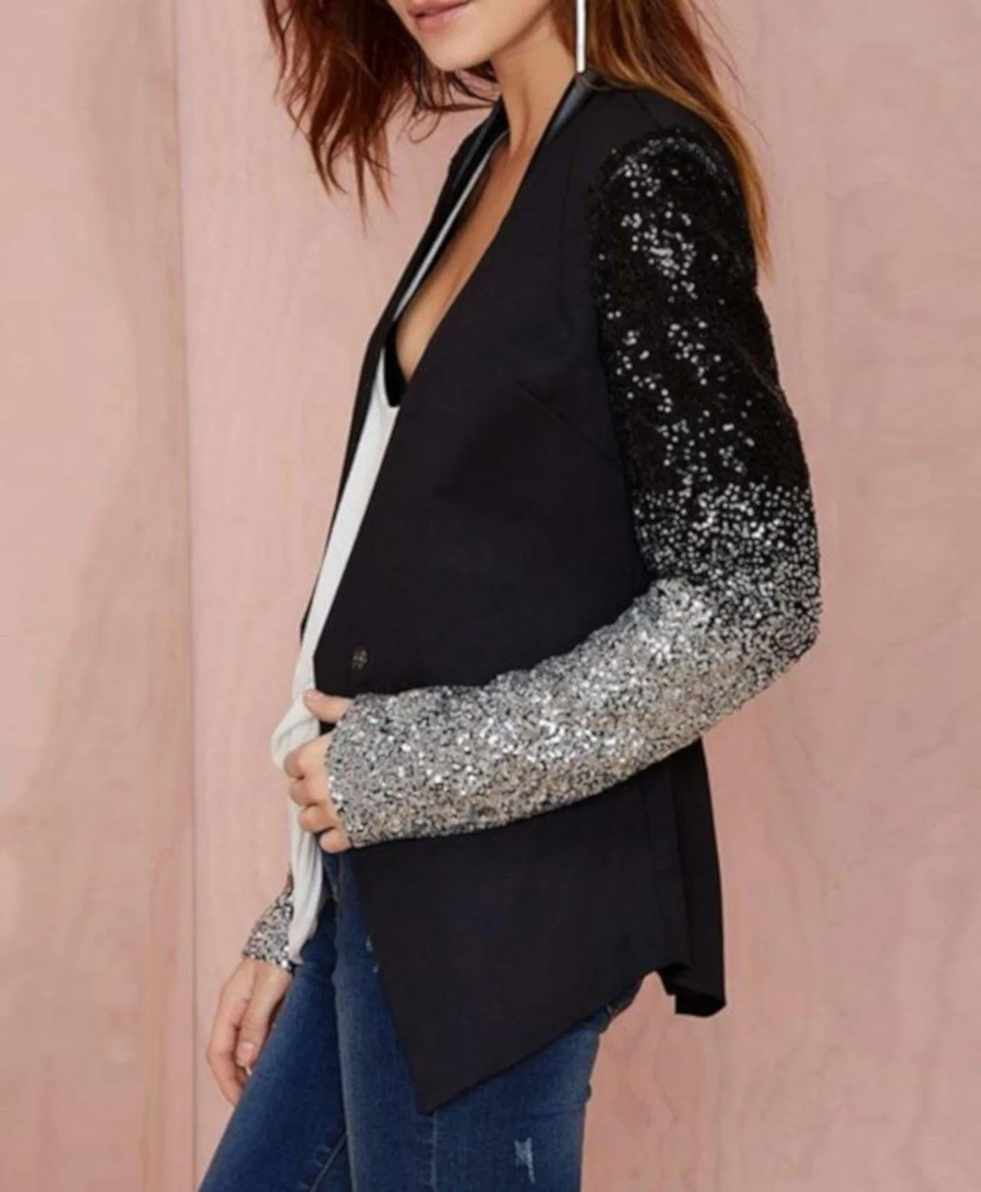 Edgy Black Sequin Business Casual Long Sleeve Office Blazer Jacket