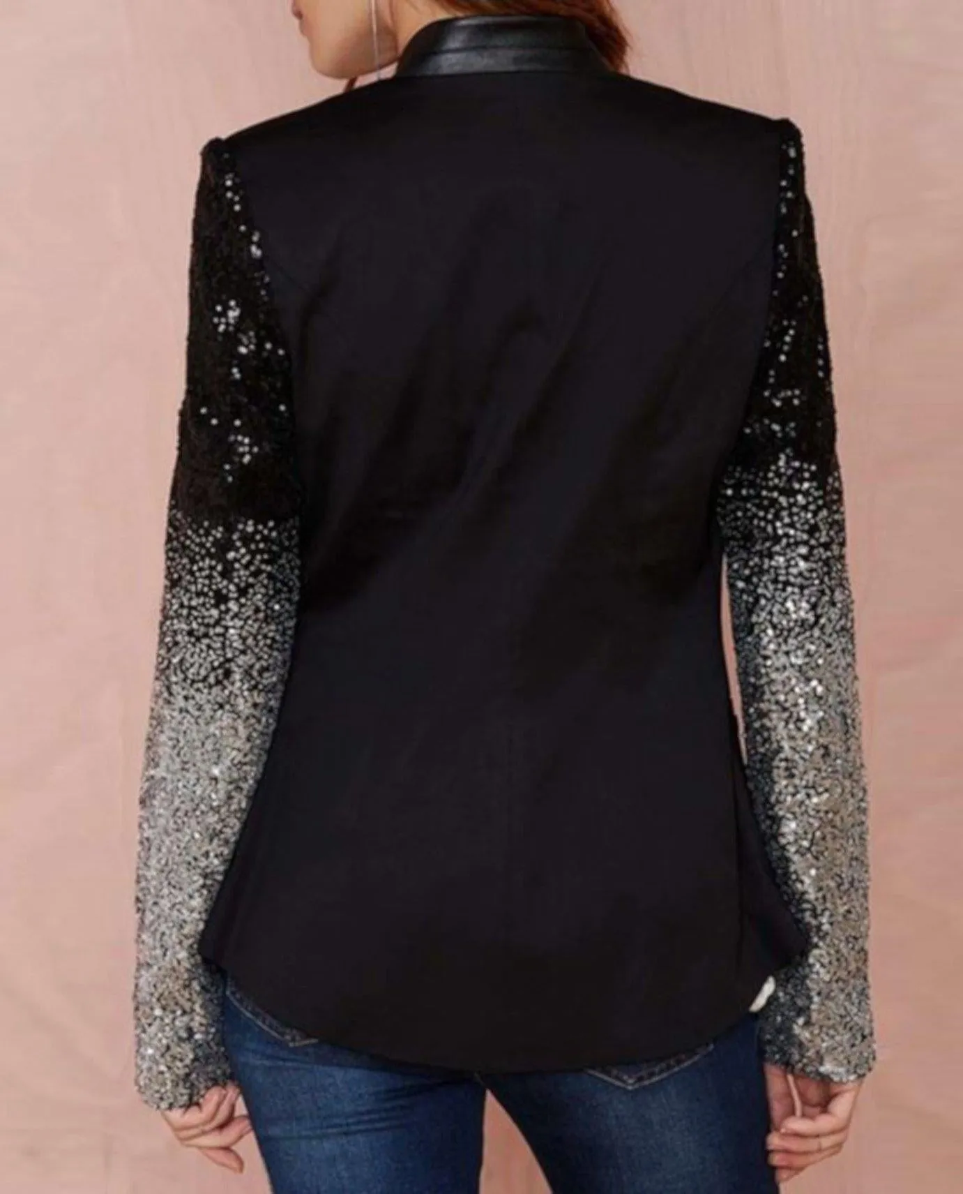 Edgy Black Sequin Business Casual Long Sleeve Office Blazer Jacket