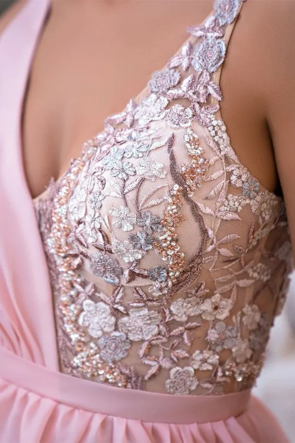 Elegant Long Pink V-Neck A-line Glitter Sleeveless Evening Dresses With Slit