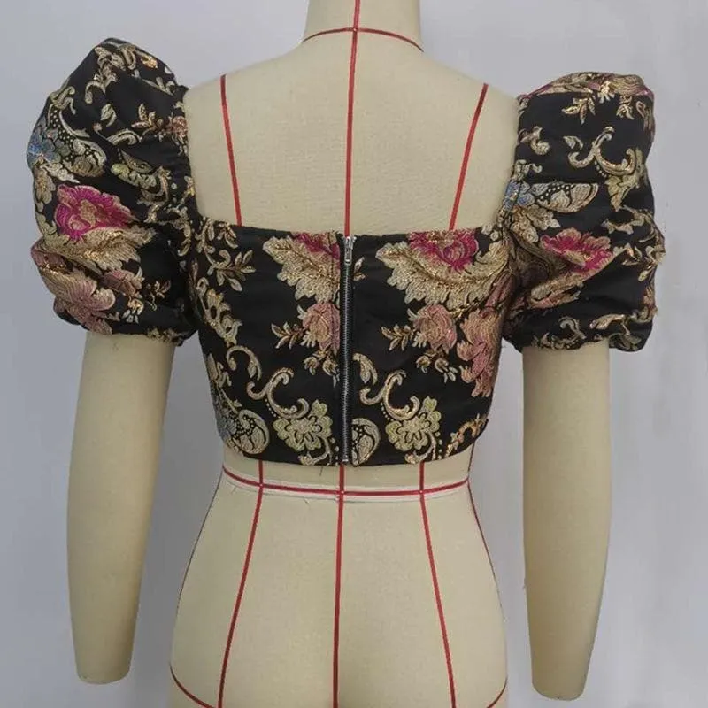Embroidery zip-up square neck puff short sleeve crop top