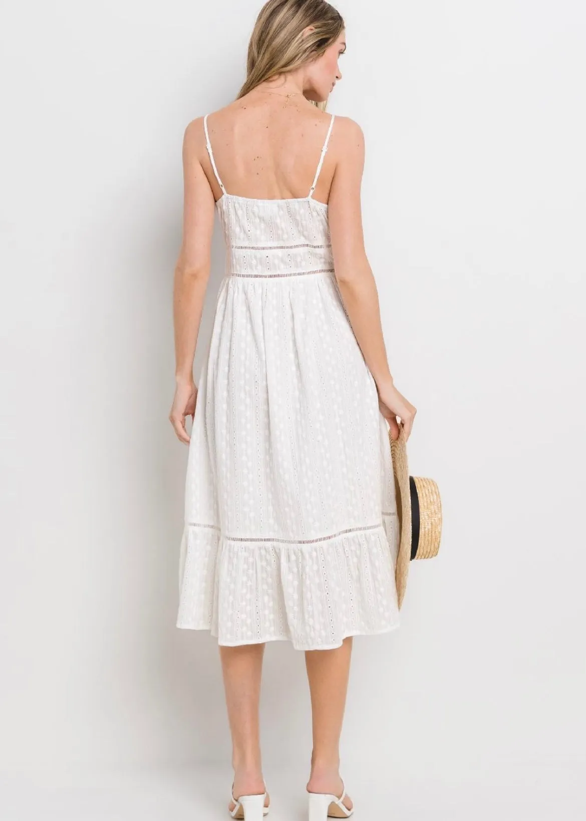 eyelet floral strap midi dress