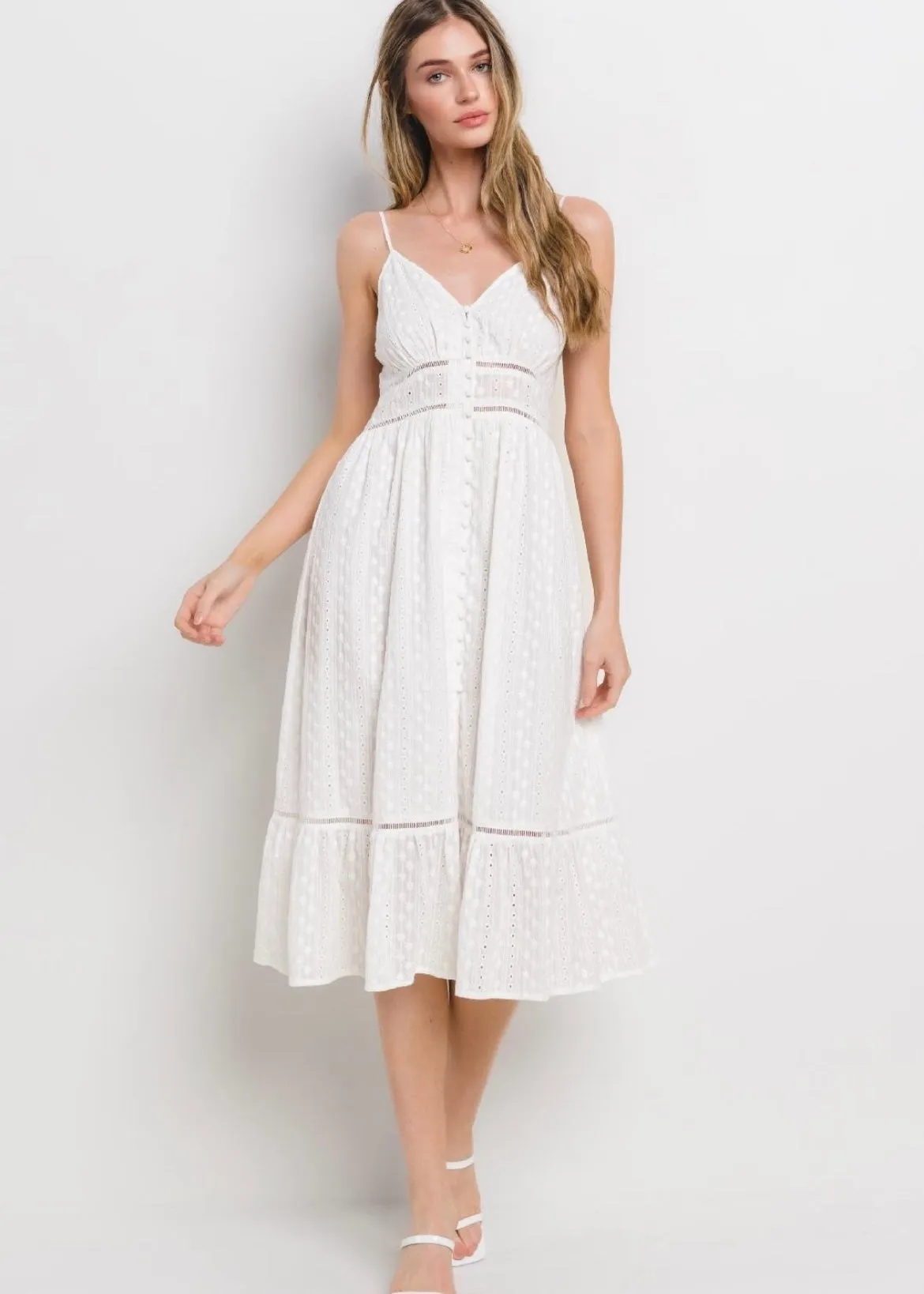 eyelet floral strap midi dress