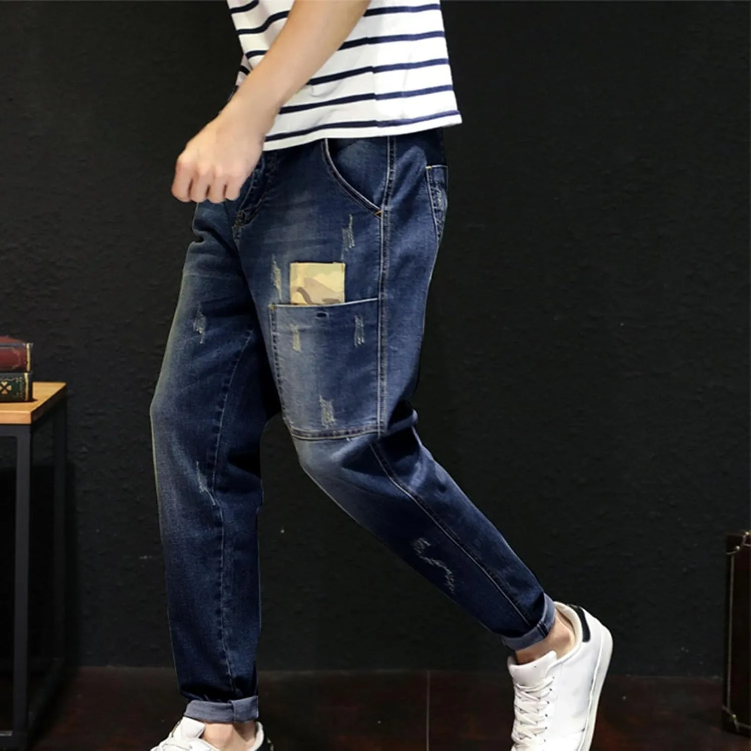 Fashion Denim Jogger Pants for Men Big and Tall Hip Hop Jean Harem Pants Streetwear Loose Fit Biker Baggy Jeans Pants