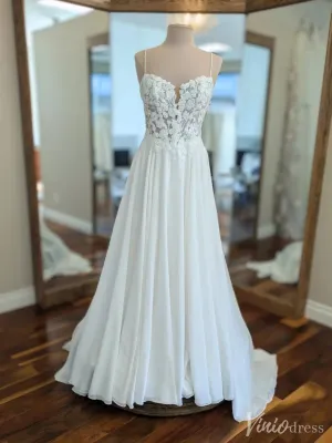 Floral Lace Appliqué Wedding Dress with Illusion Bodice & Chapel Train – VW2532