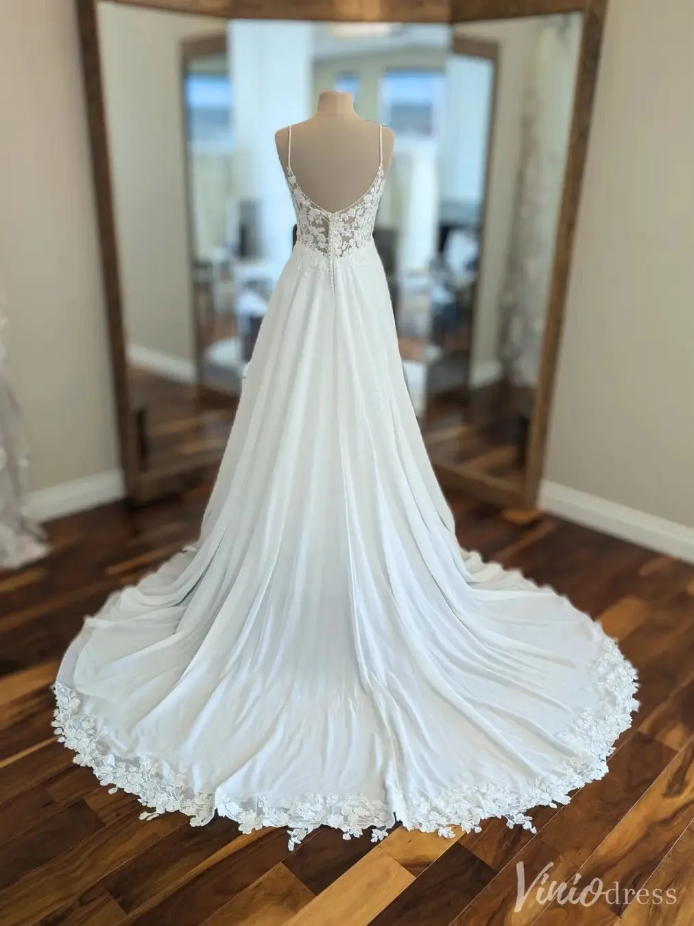 Floral Lace Appliqué Wedding Dress with Illusion Bodice & Chapel Train – VW2532