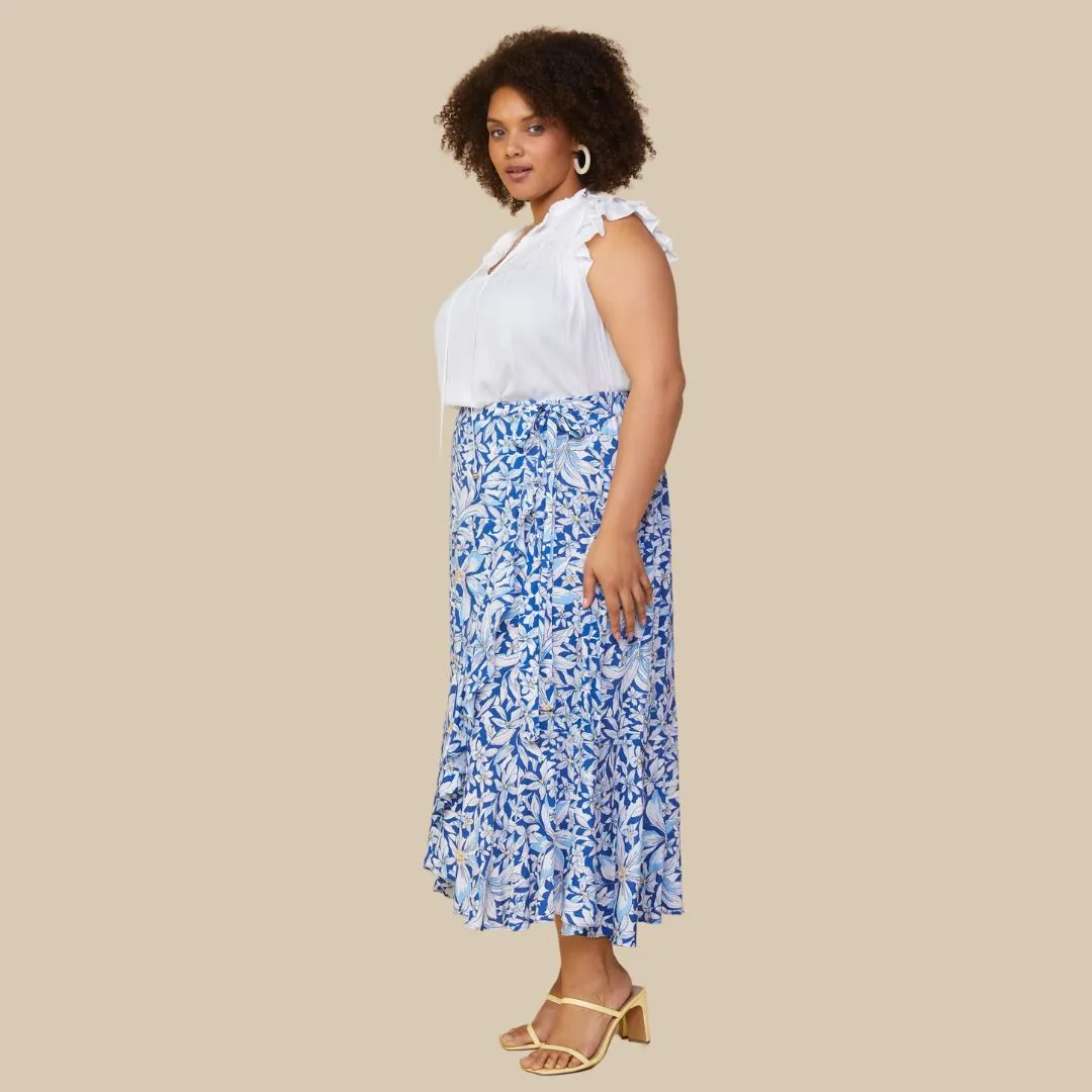 Floral Print Ruffle Wrap Skirt (White Navy)