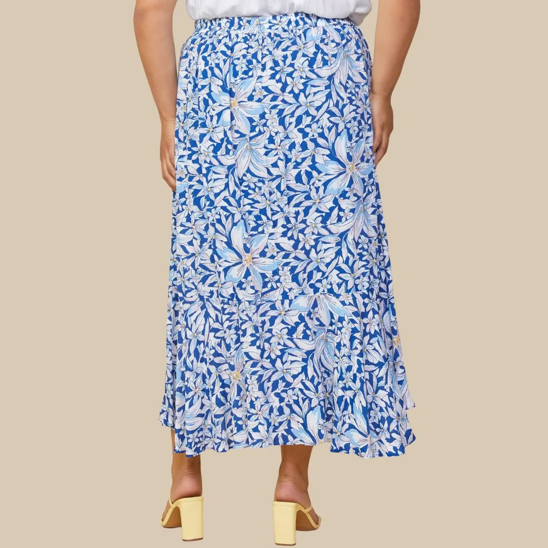 Floral Print Ruffle Wrap Skirt (White Navy)
