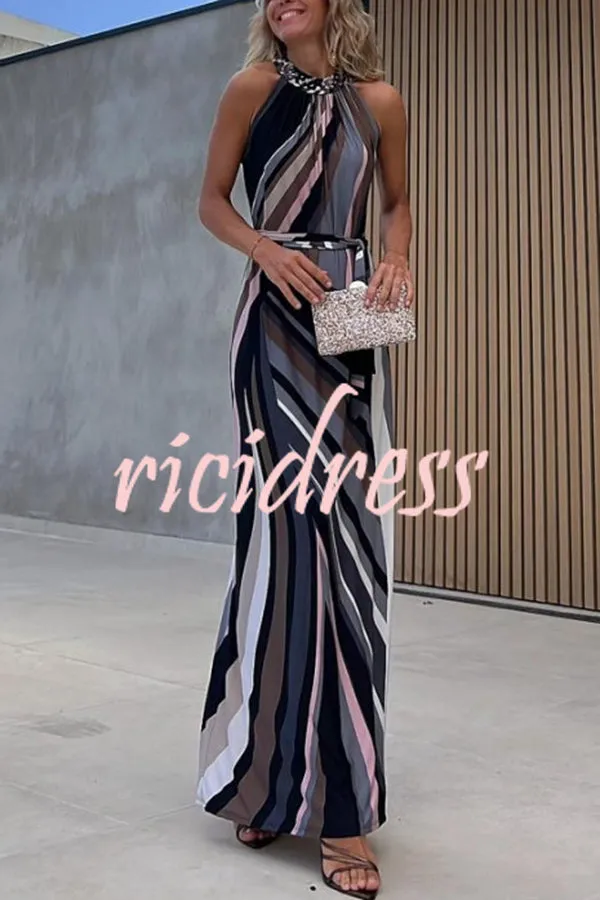 Flowing Elegance Colored Lines Printed Belt Halter Maxi Dress