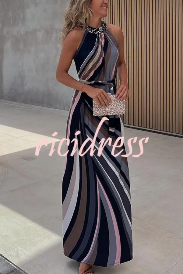 Flowing Elegance Colored Lines Printed Belt Halter Maxi Dress